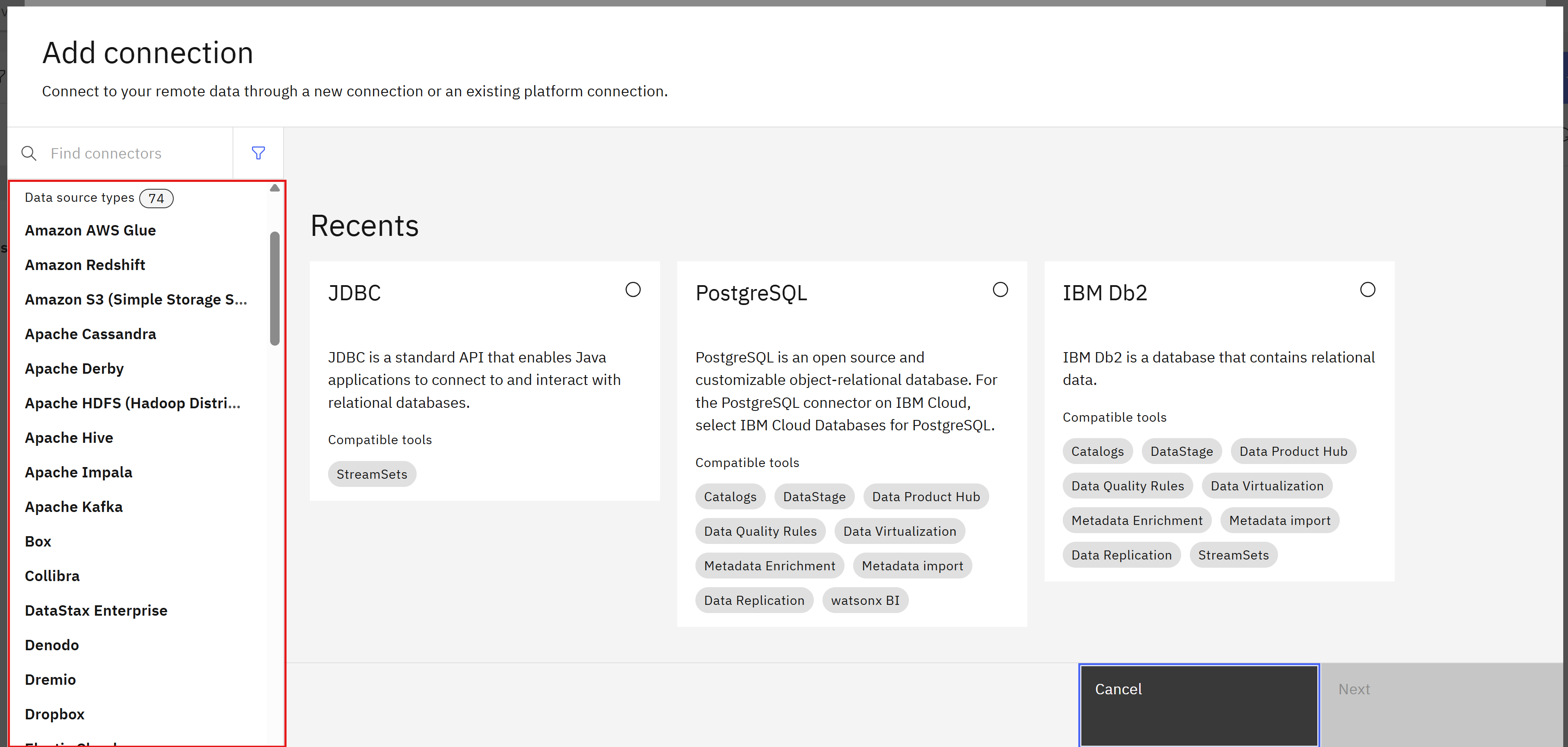 Screenshot of the DataSource selection in the UI
