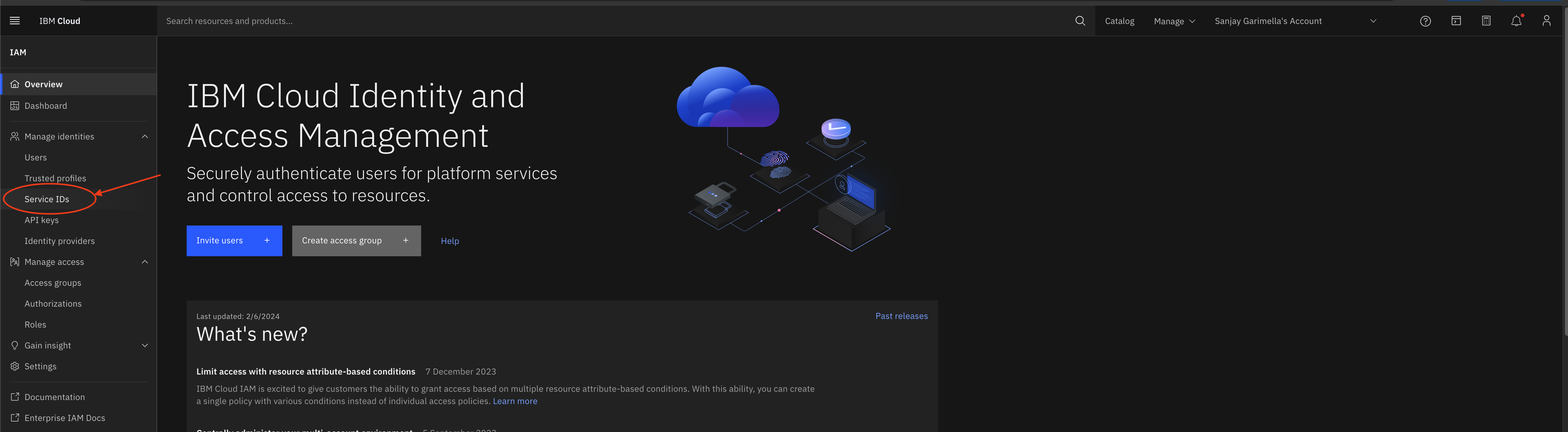 Screenshot of IAM Landing page with ServiceID circled