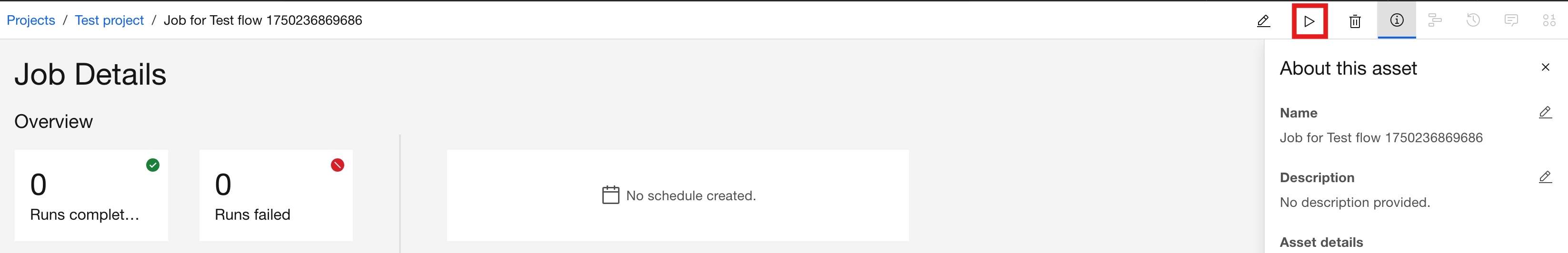 Screenshot of the Job Details page with the play icon highlighted