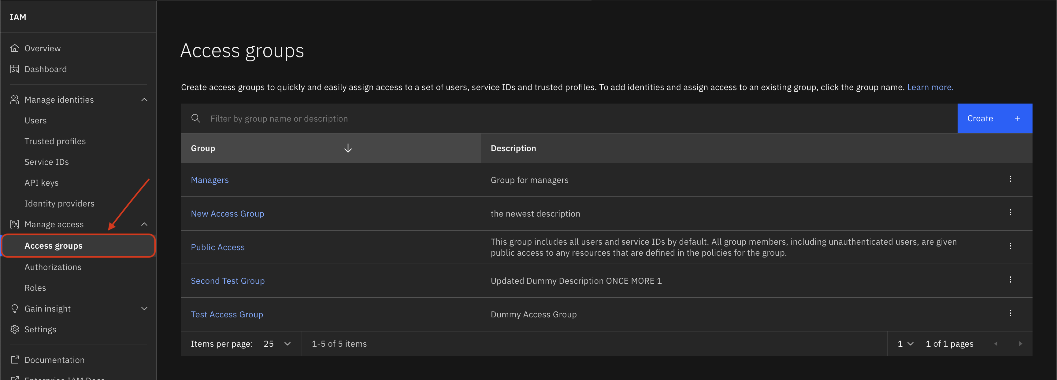 Screenshot of the access groups list in the IBM Cloud UI