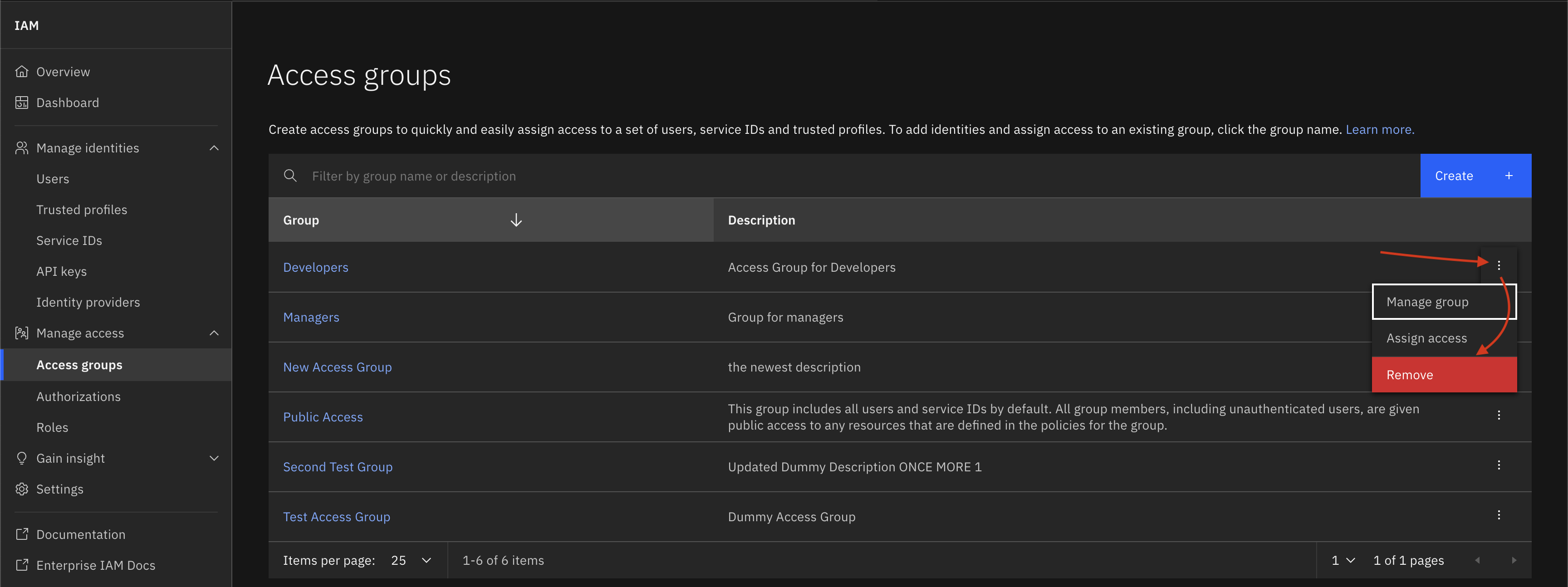 Screenshot of remove button for an access group