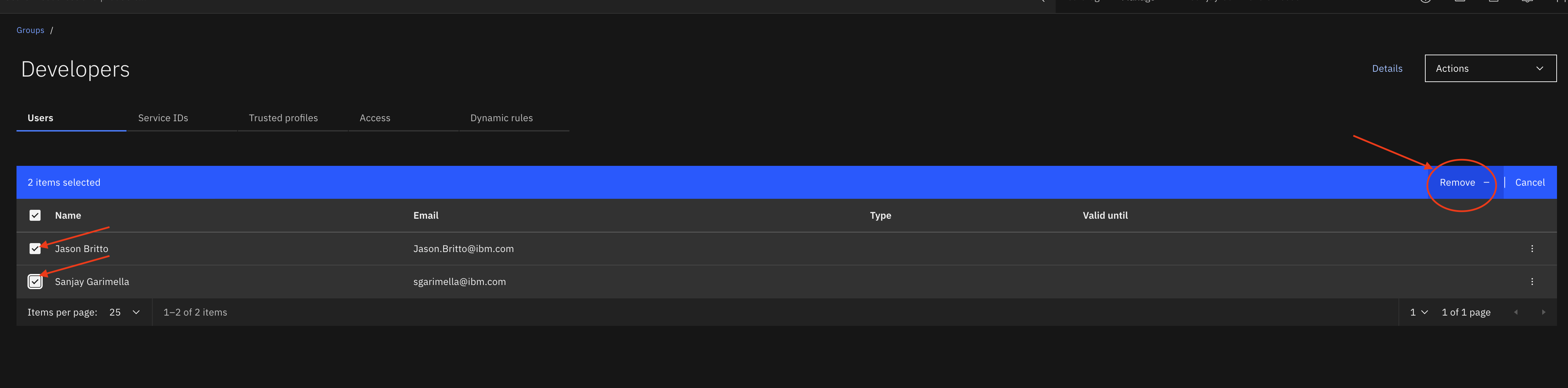 Screenshot of selecting members to remove