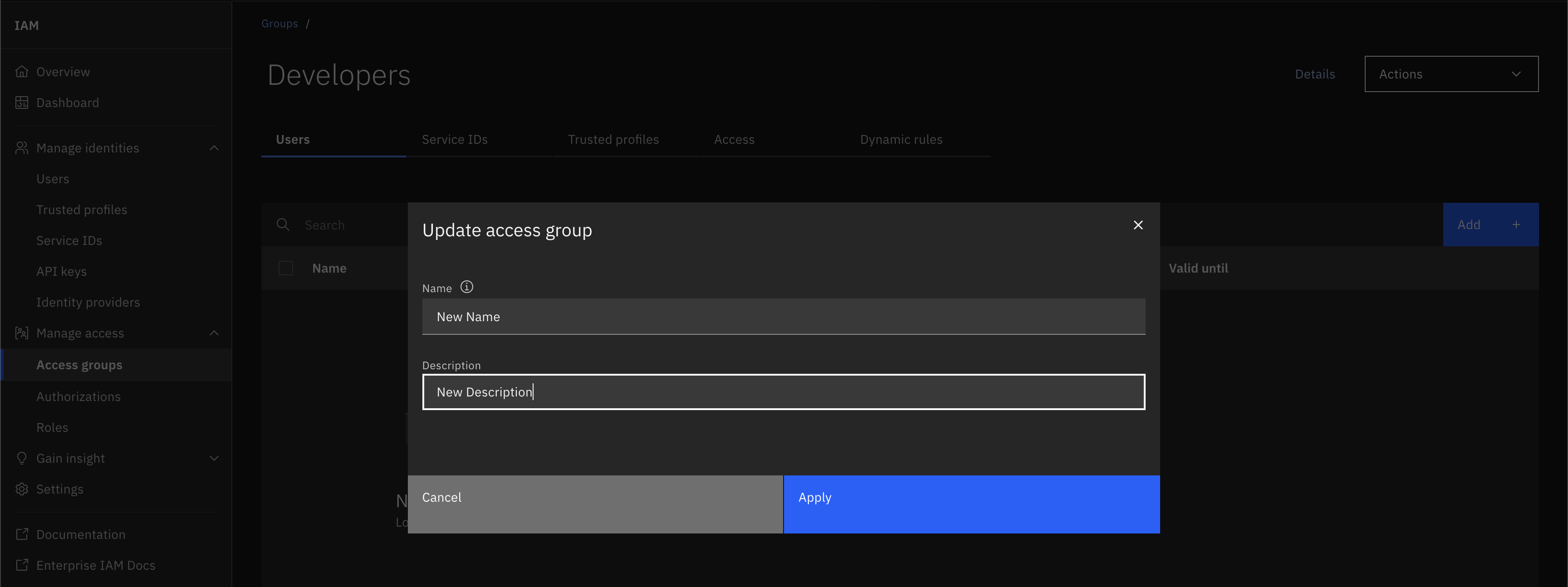 Screenshot of UI pane to update an access group