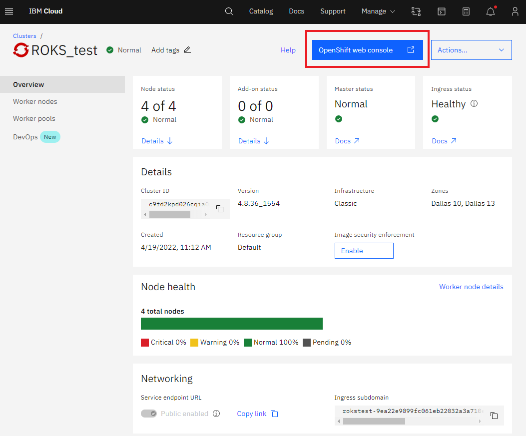 Red Hat OpenShift on IBM Cloud dashboard