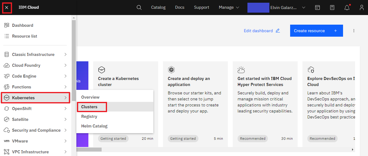 Red Hat OpenShift on IBM Cloud dashboard