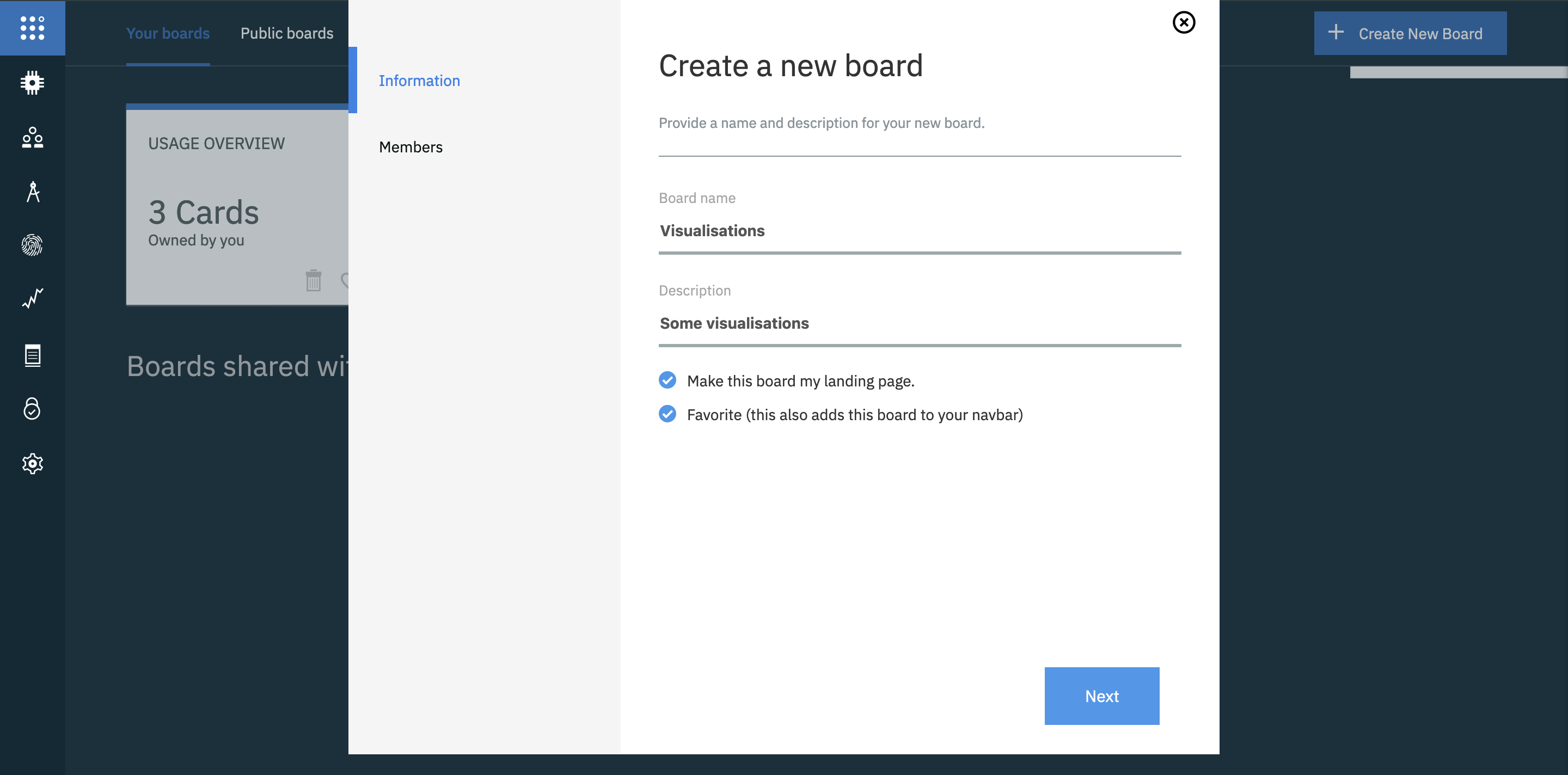 Watson IoT Platform Create Dashboard ウィザードのスクリーンショット