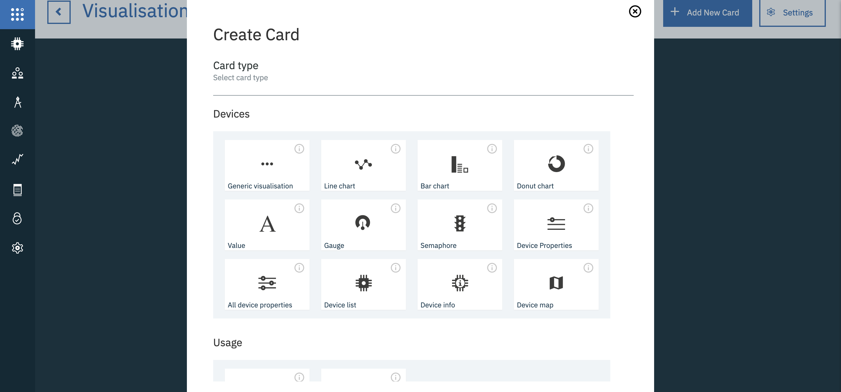 Watson IoT Platform Add line chart card のスクリーンショット