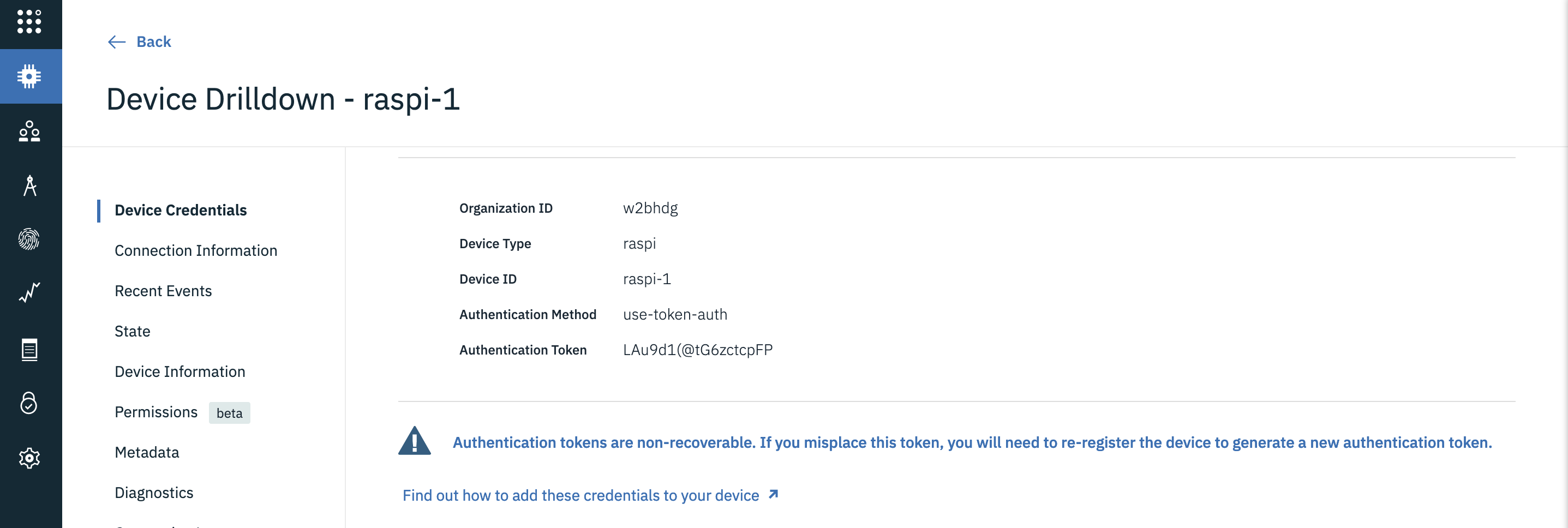 Screen shot of the device credentials window