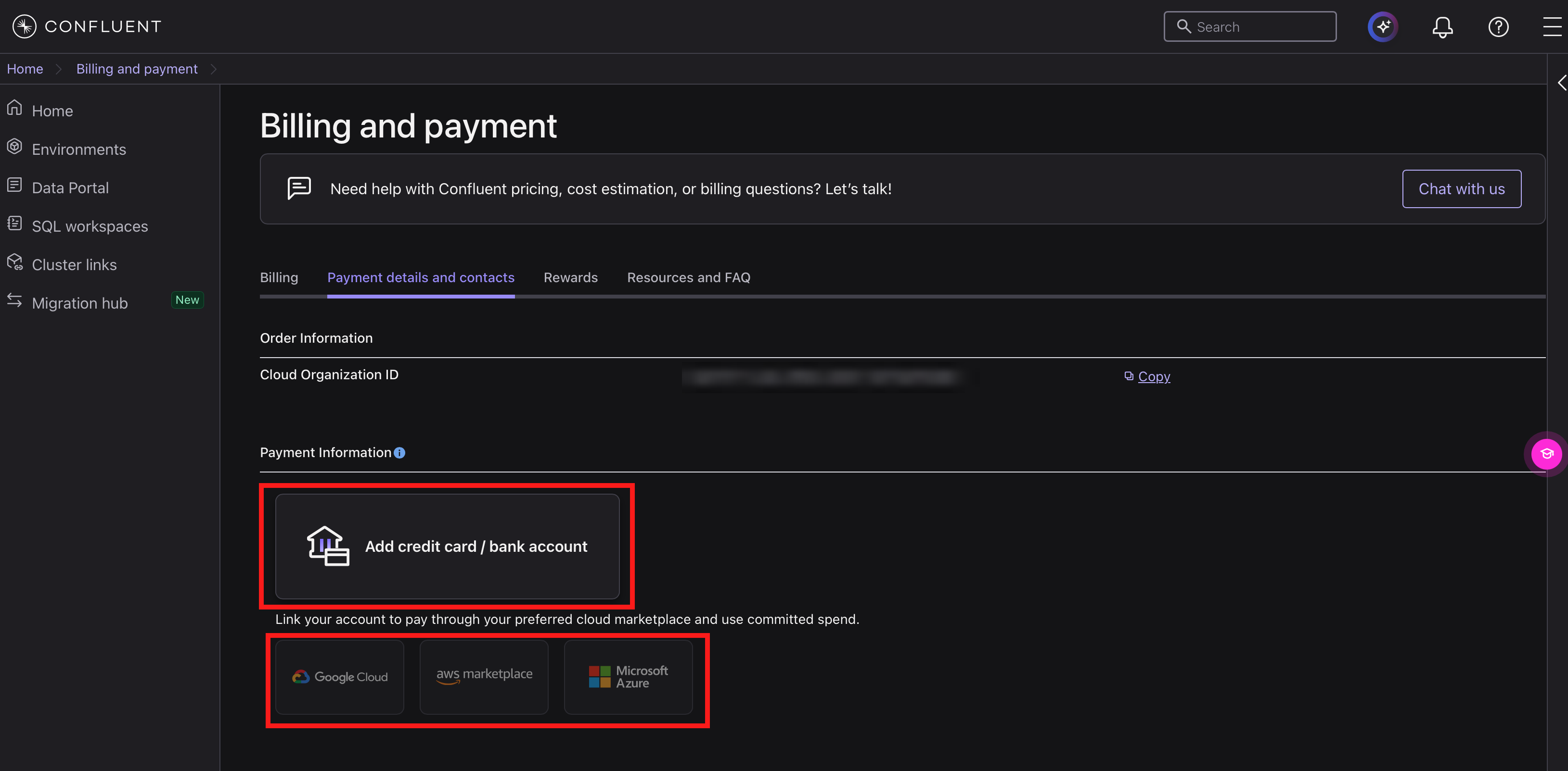Billing and payment の Payment details and contacts 画面