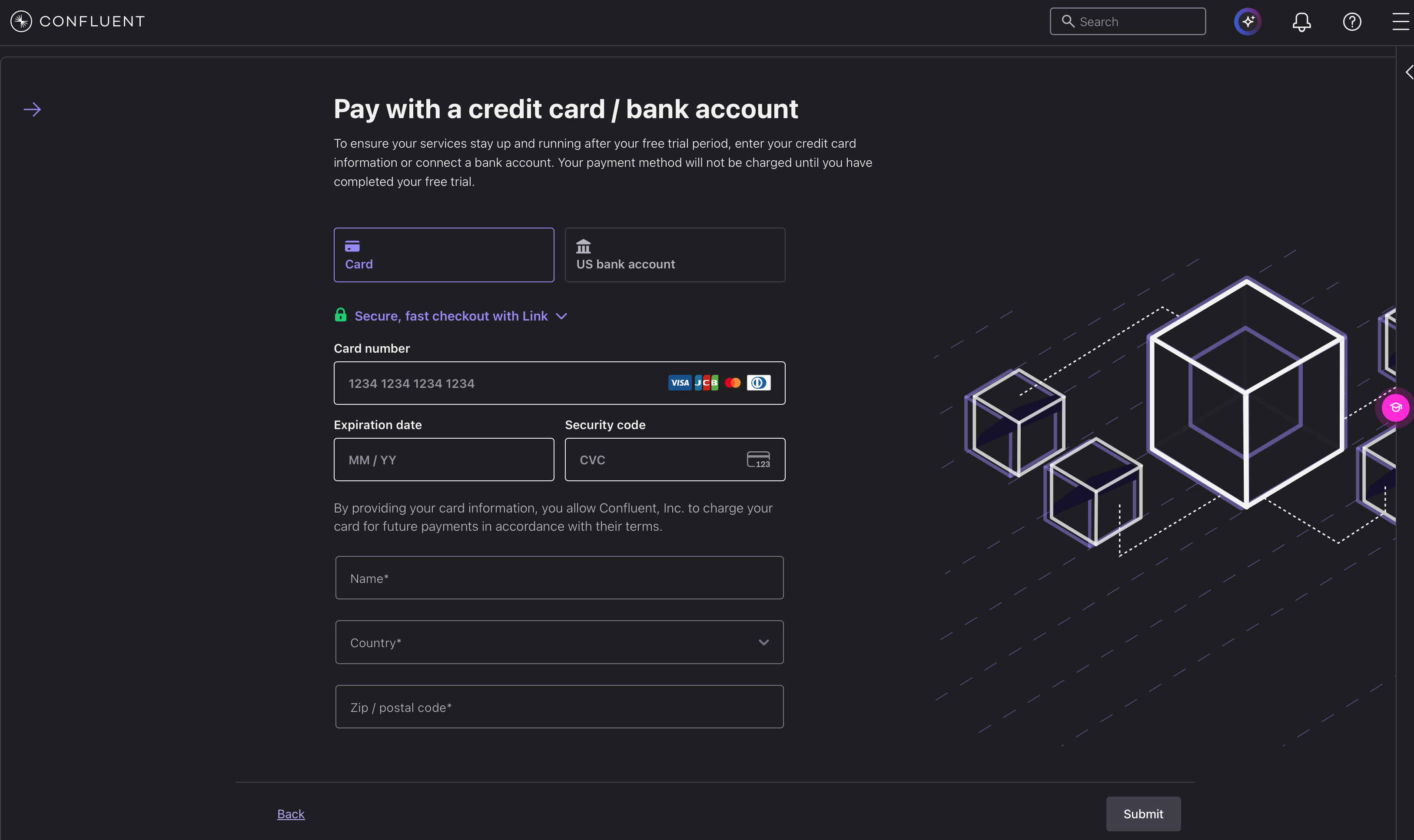 初回ウィザードの支払い画面。銀行口座の選択肢は US bank account のみ