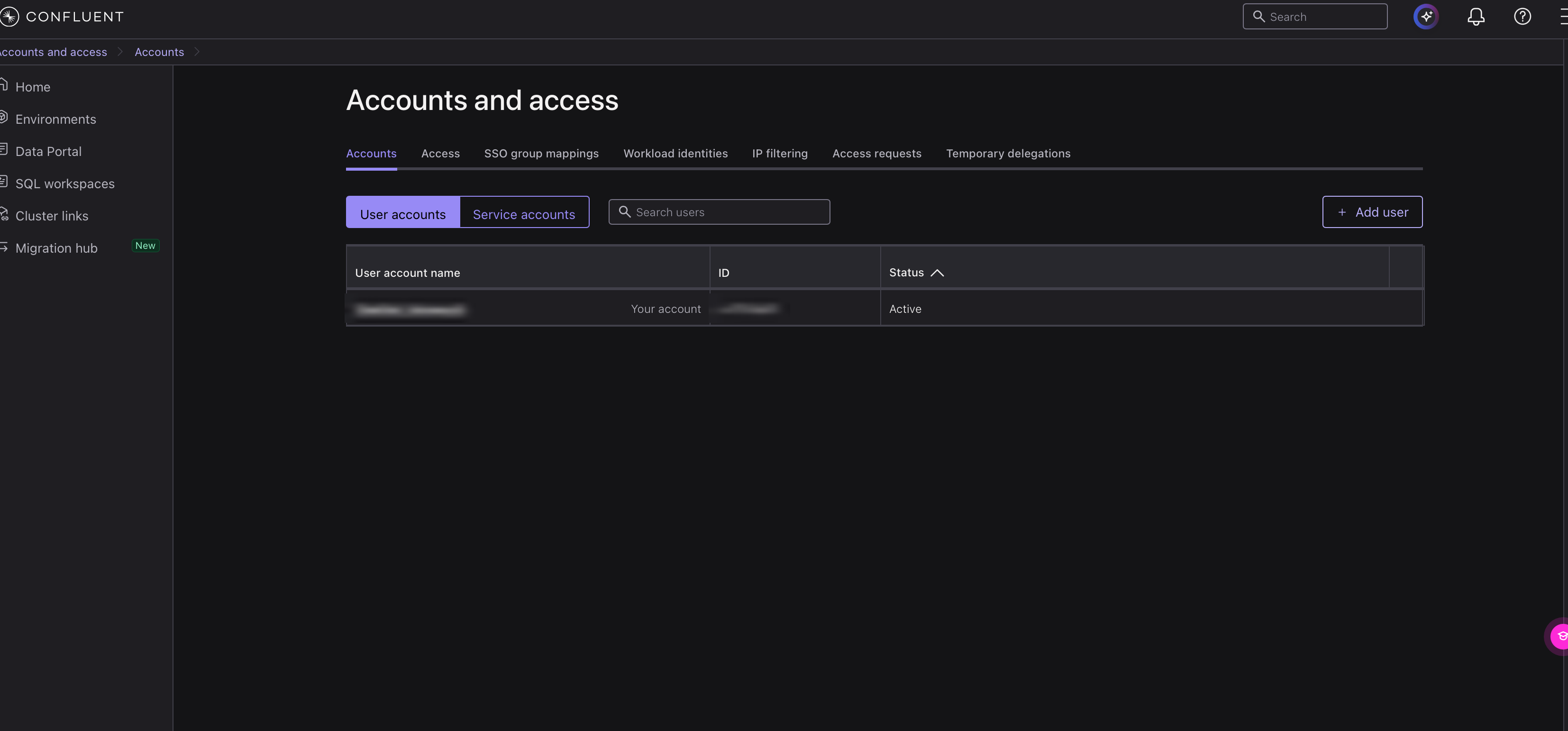 Accounts and access の Accounts タブ。User accounts / Service accounts の一覧と Add user ボタン