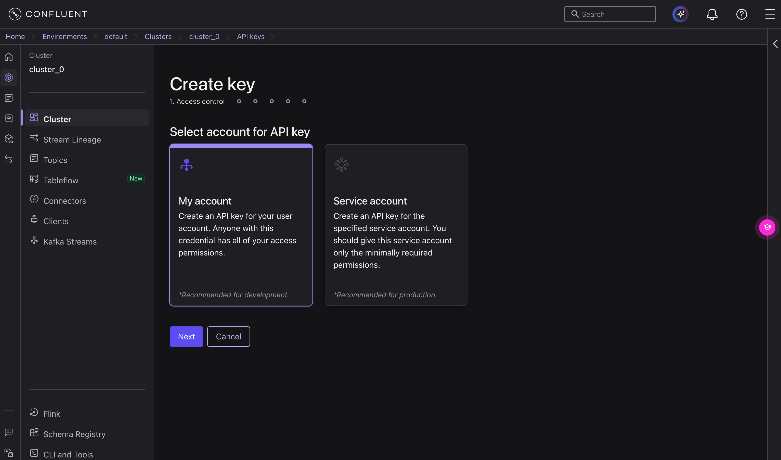 Create key の Select account for API key。My account は開発用、Service account は本番推奨