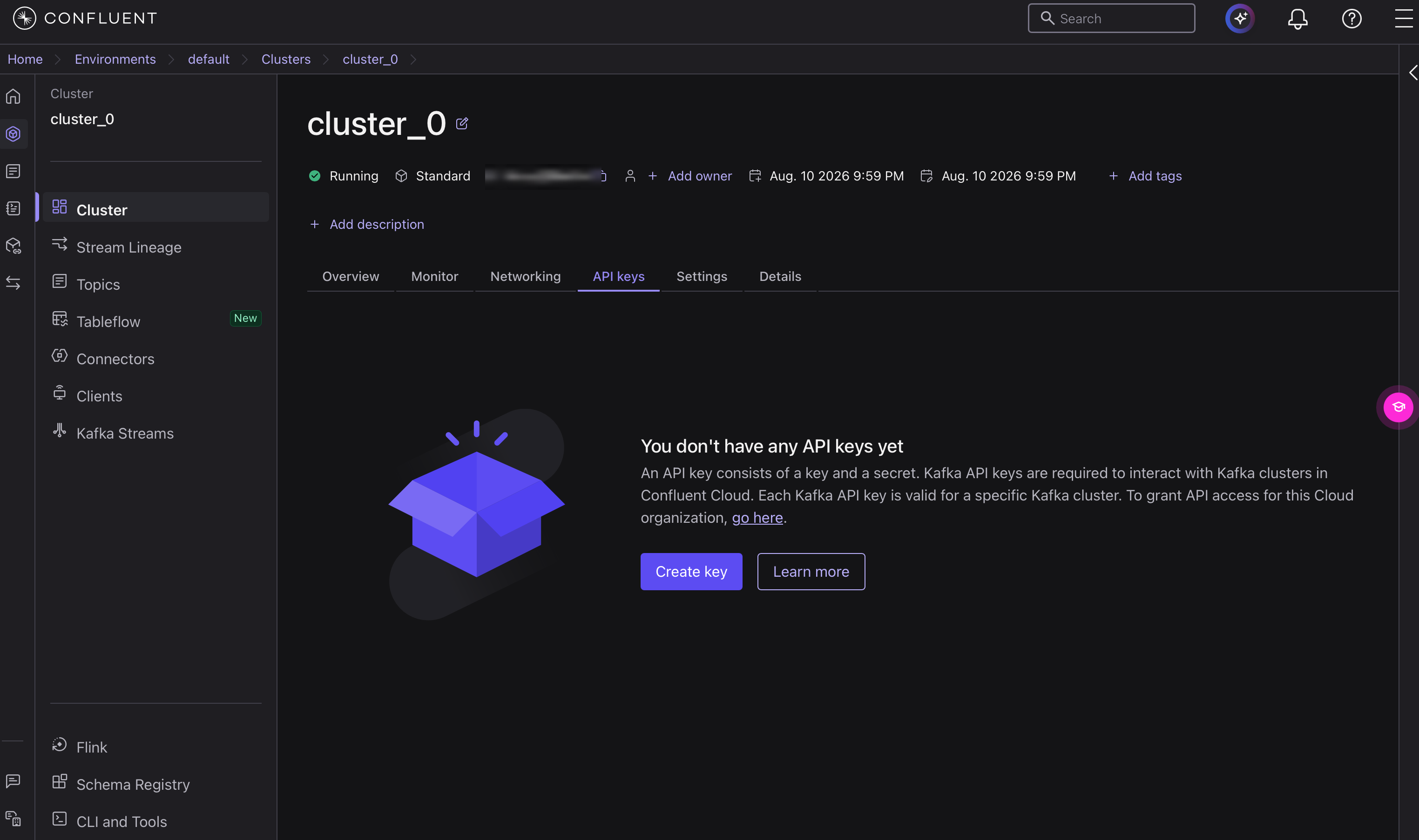 クラスターの API keys タブ。Create key から作成を開始する