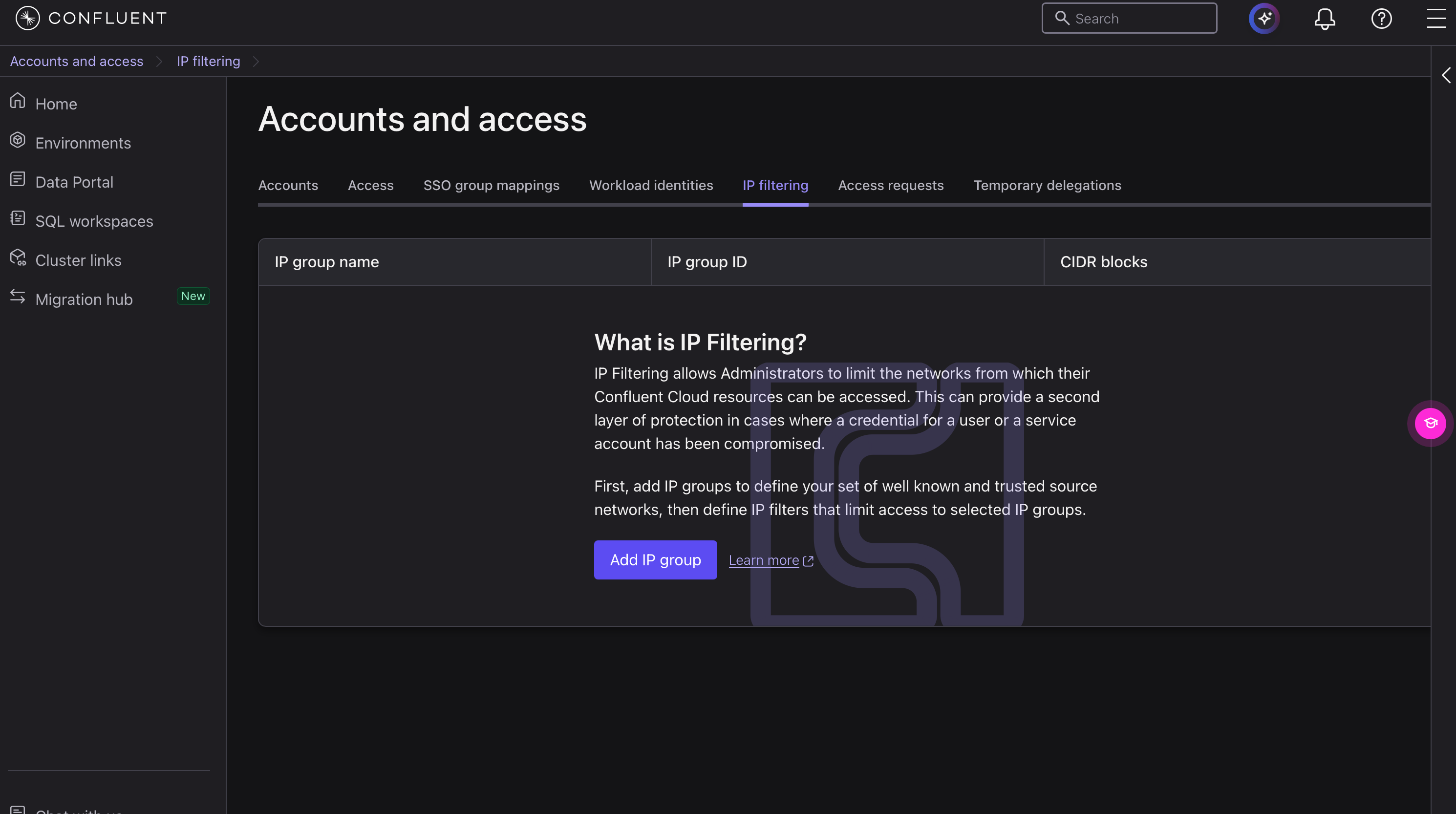 Accounts and access の IP filtering タブ。IP グループを定義してから IP フィルターを構成する