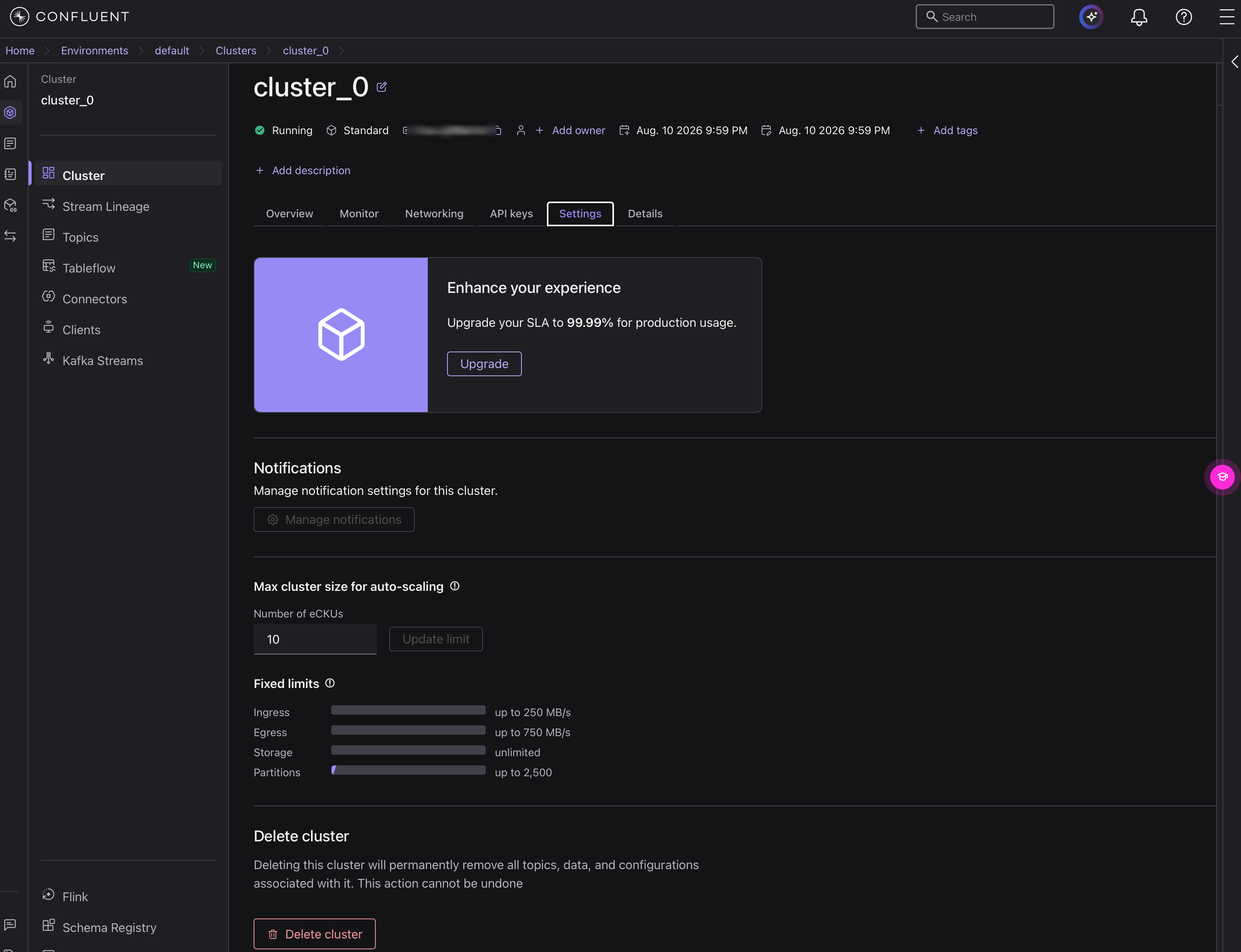 クラスターの Settings タブ。Max cluster size for auto-scaling で eCKU 上限を設定し、Fixed limits で対応する制限値を確認できる