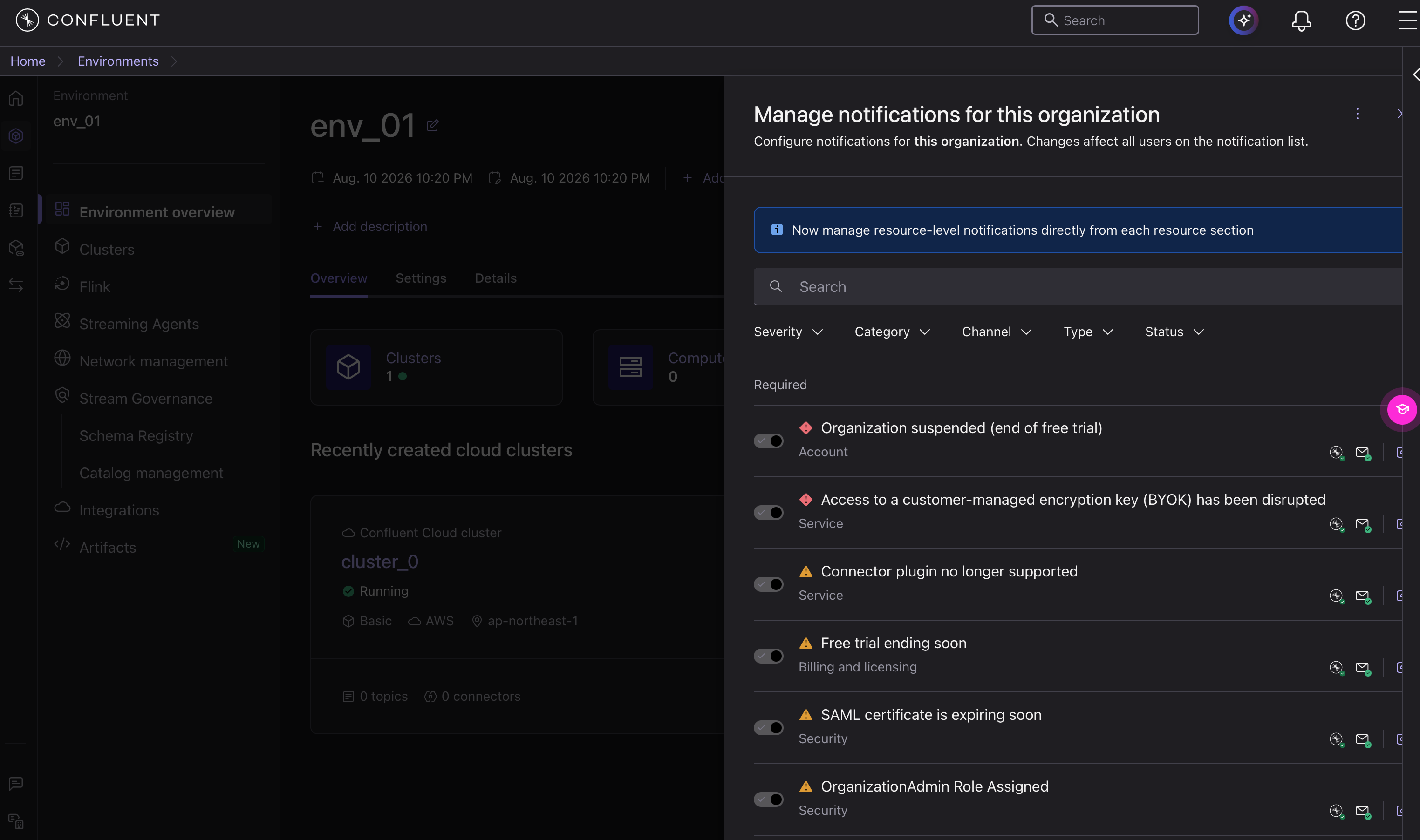 Manage notifications for this organization パネル。通知タイプごとのトグルと配信チャネル、Billing and licensing カテゴリーの通知が確認できる