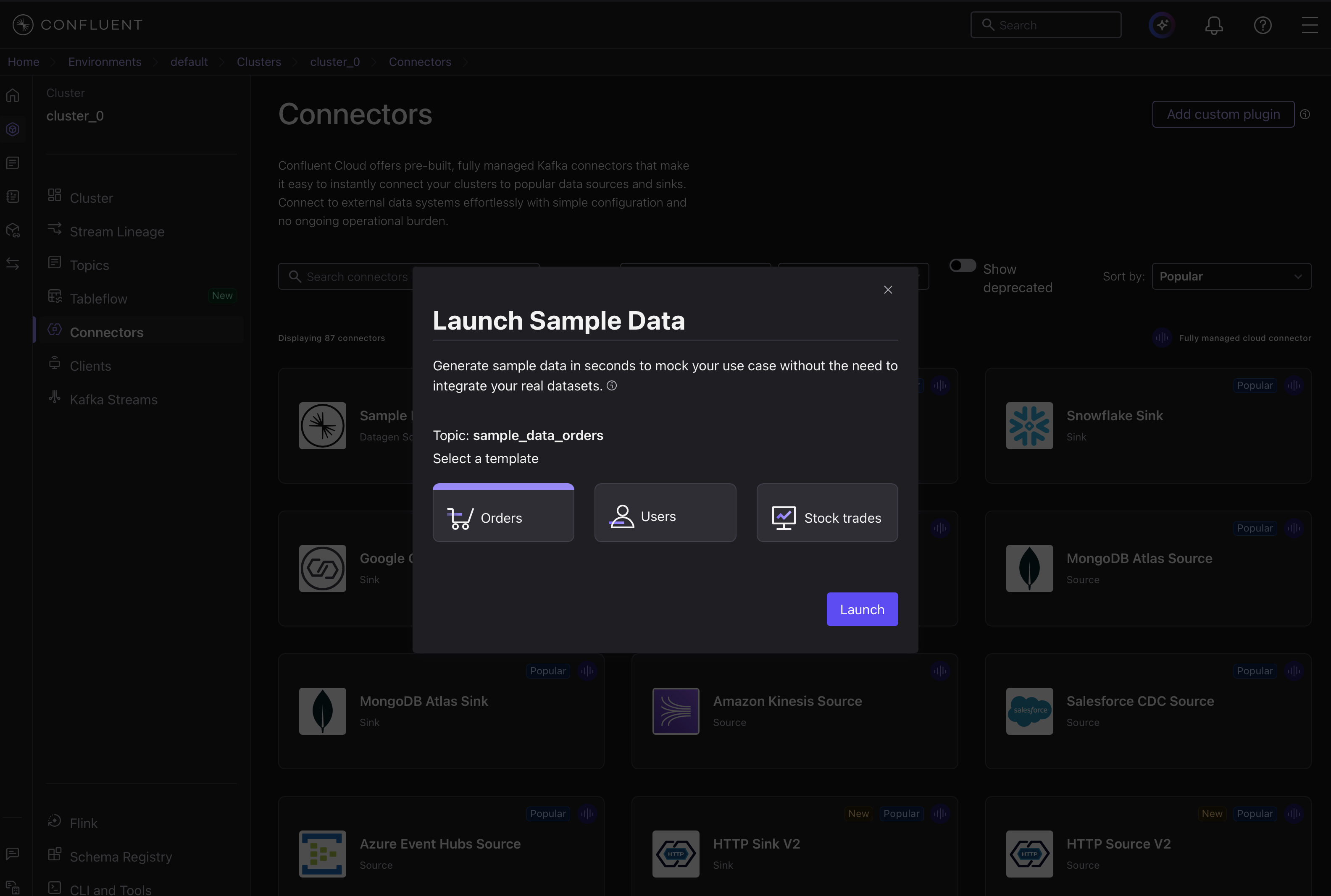 Launch Sample Data ダイアログ。テンプレートを選んで起動する