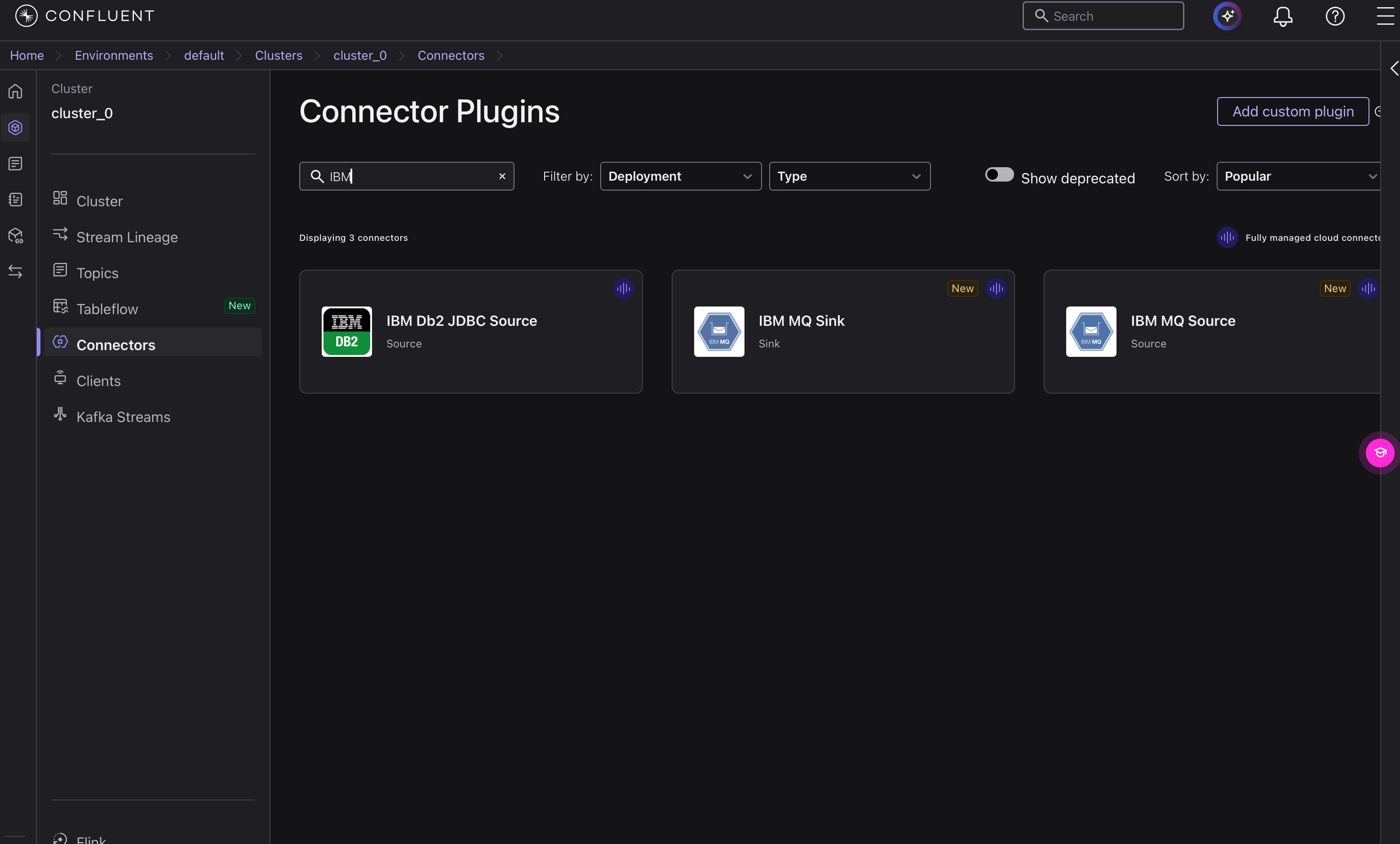 Connector Plugins 画面で「IBM」を検索した状態。IBM Db2 JDBC Source、IBM MQ Sink、IBM MQ Source の3つが表示される