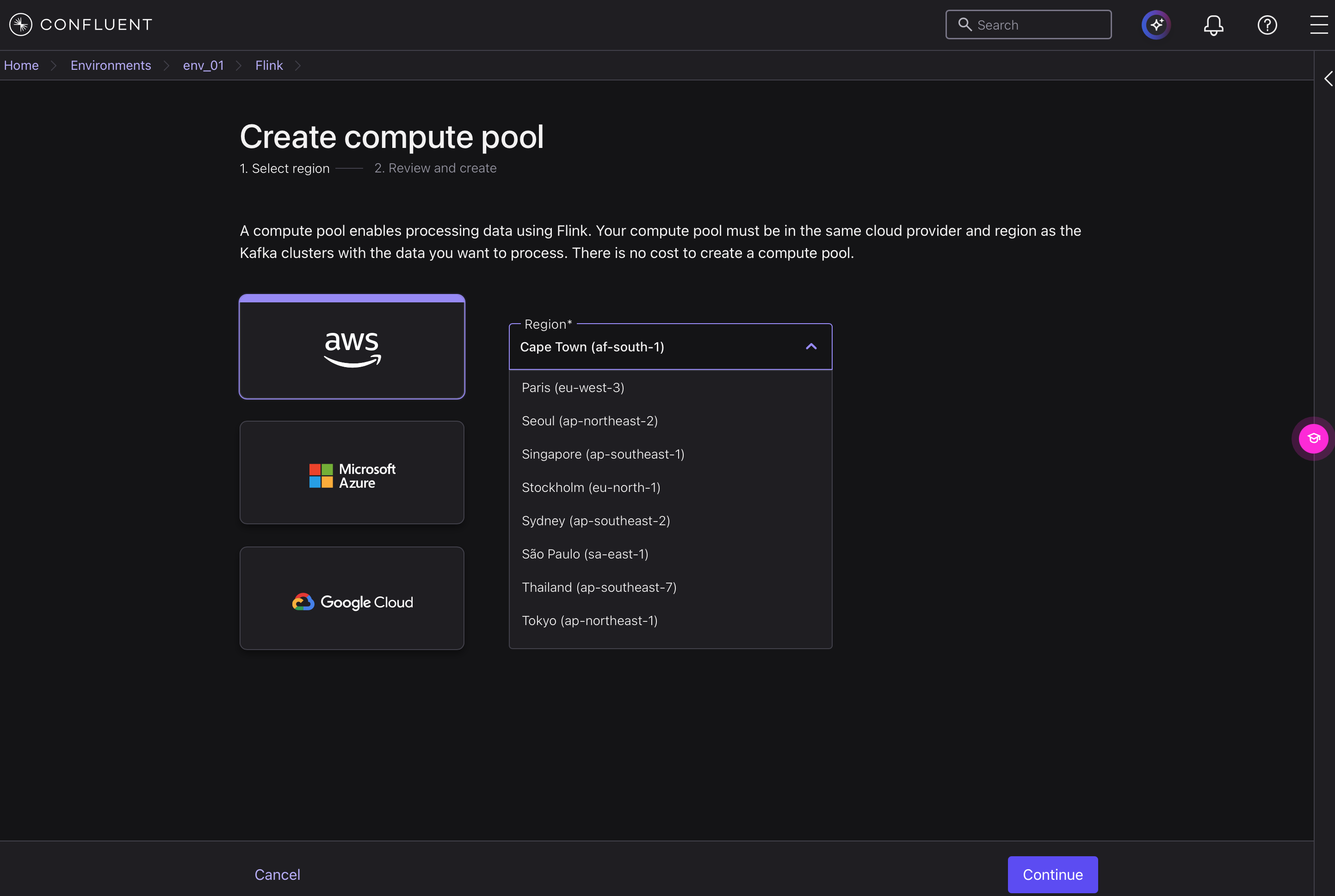 Create compute pool の Select region。AWS のリージョン一覧に Tokyo (ap-northeast-1) が表示される