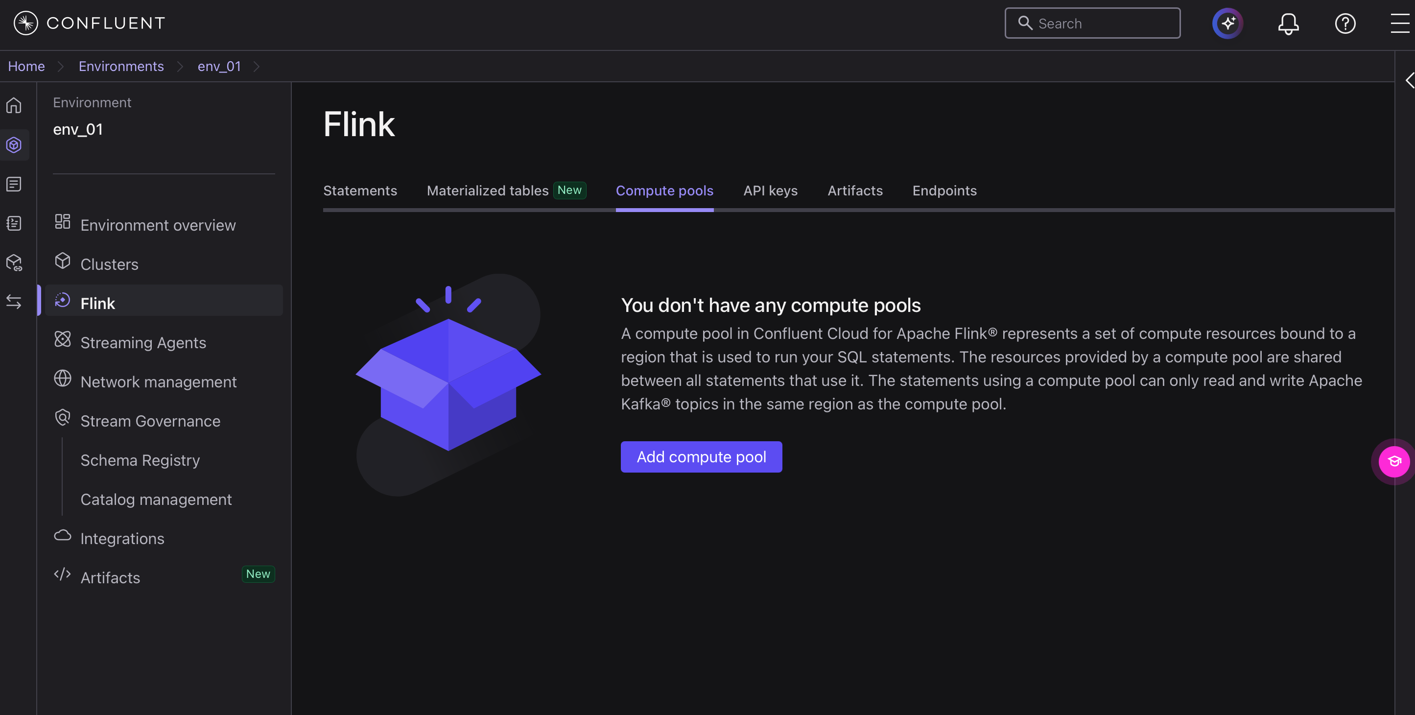 Flink の Compute pools タブ。Add compute pool から作成を開始する