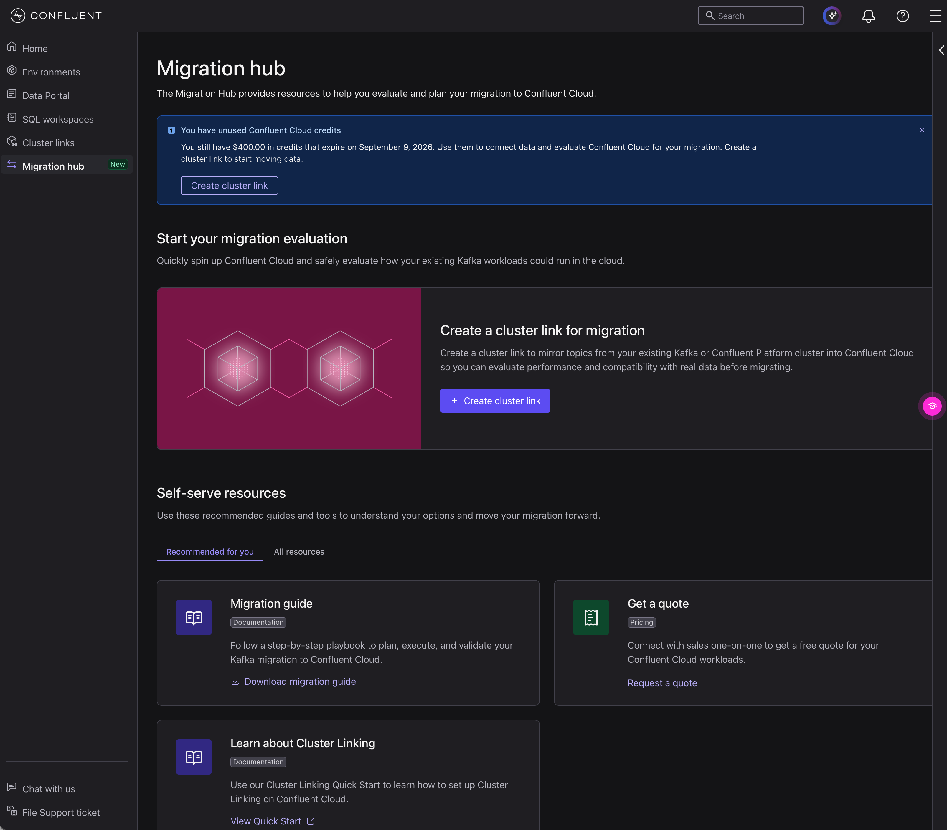 Migration hub。評価用クラスターリンクの作成、移行ガイド、見積もり依頼の導線が提供される