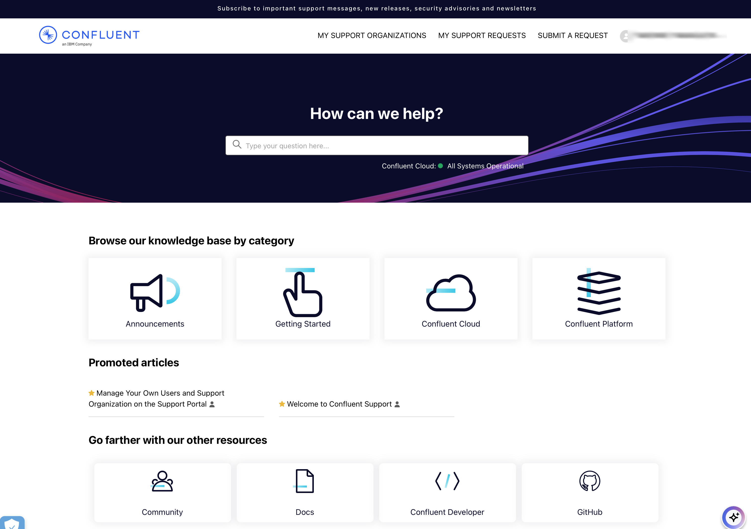 Confluent Support Portal のトップページ。検索、ナレッジベース、起票メニュー、サービス稼働状況が表示される