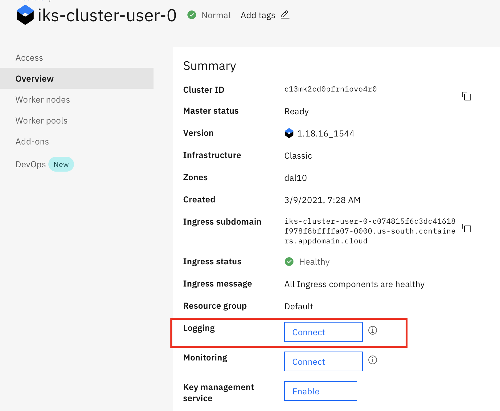 Connect IBM LogDNA instance to Cluster