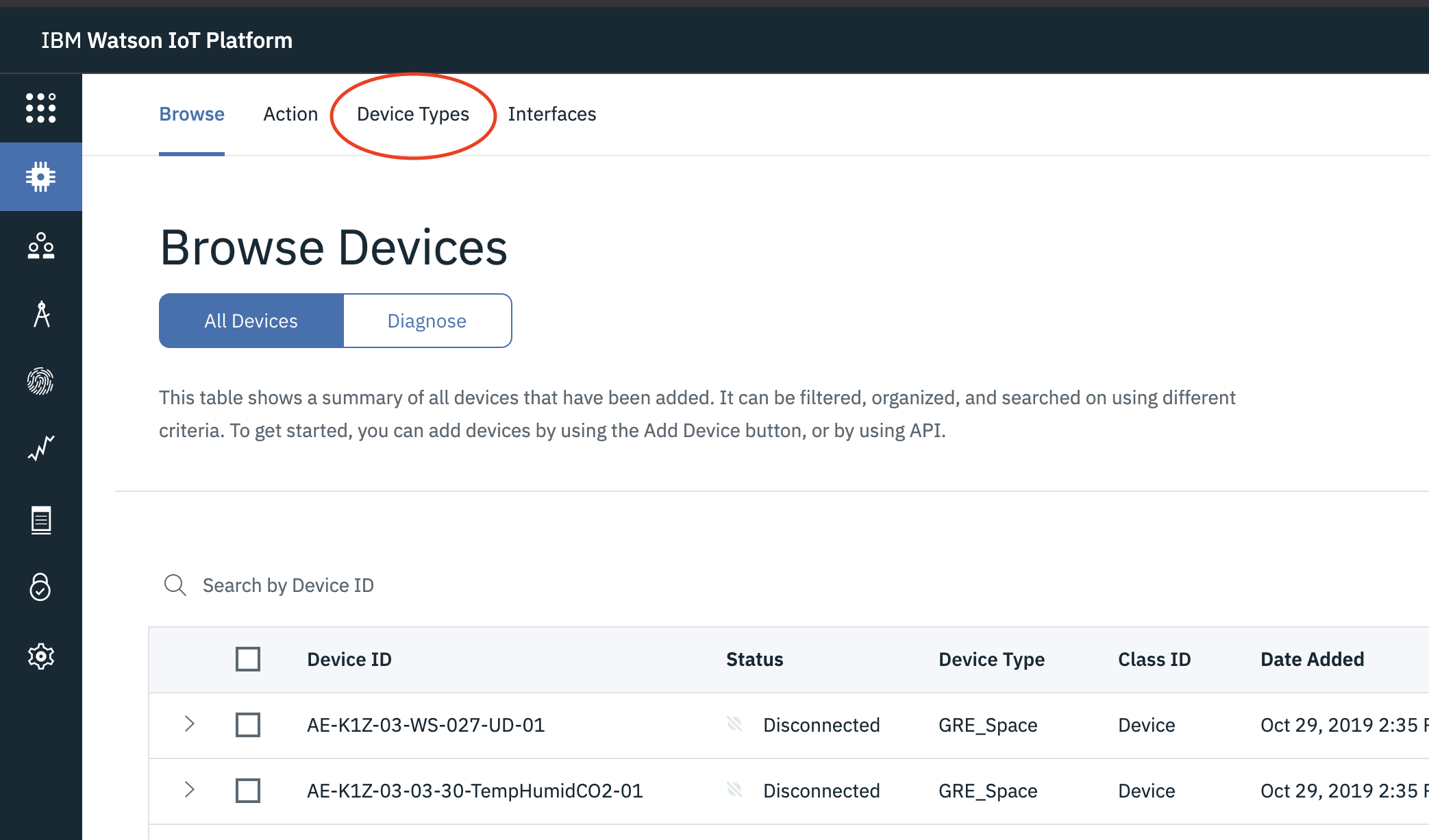 Devices Types Tab