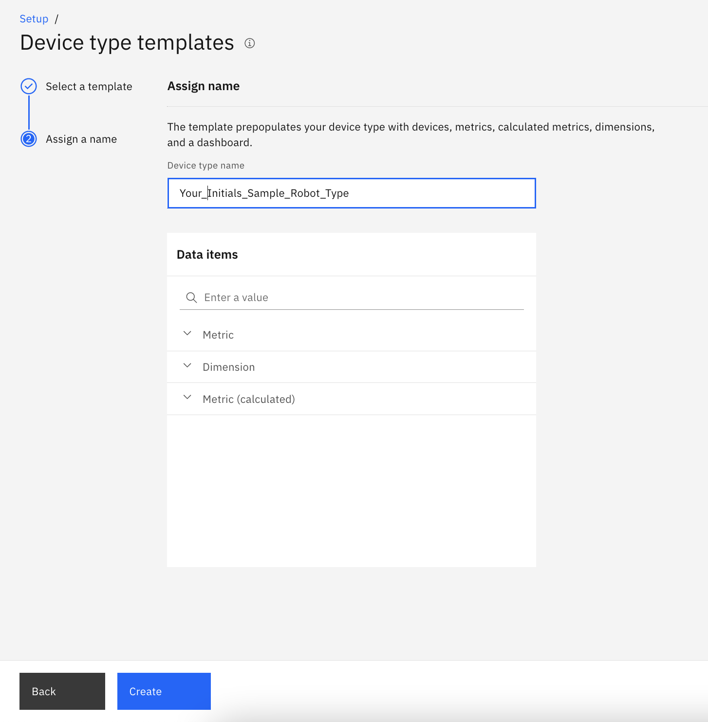 Create a Robot Asset Type and simulated robot metrics