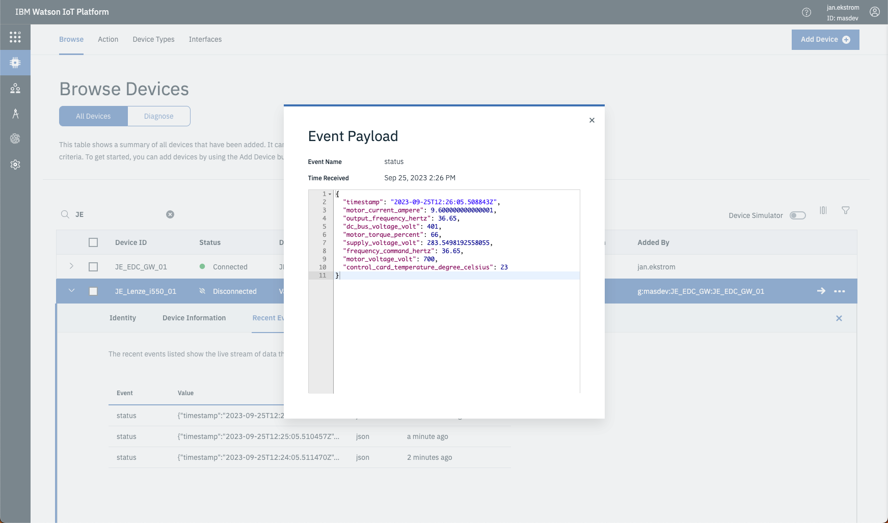 View device payload in Connect