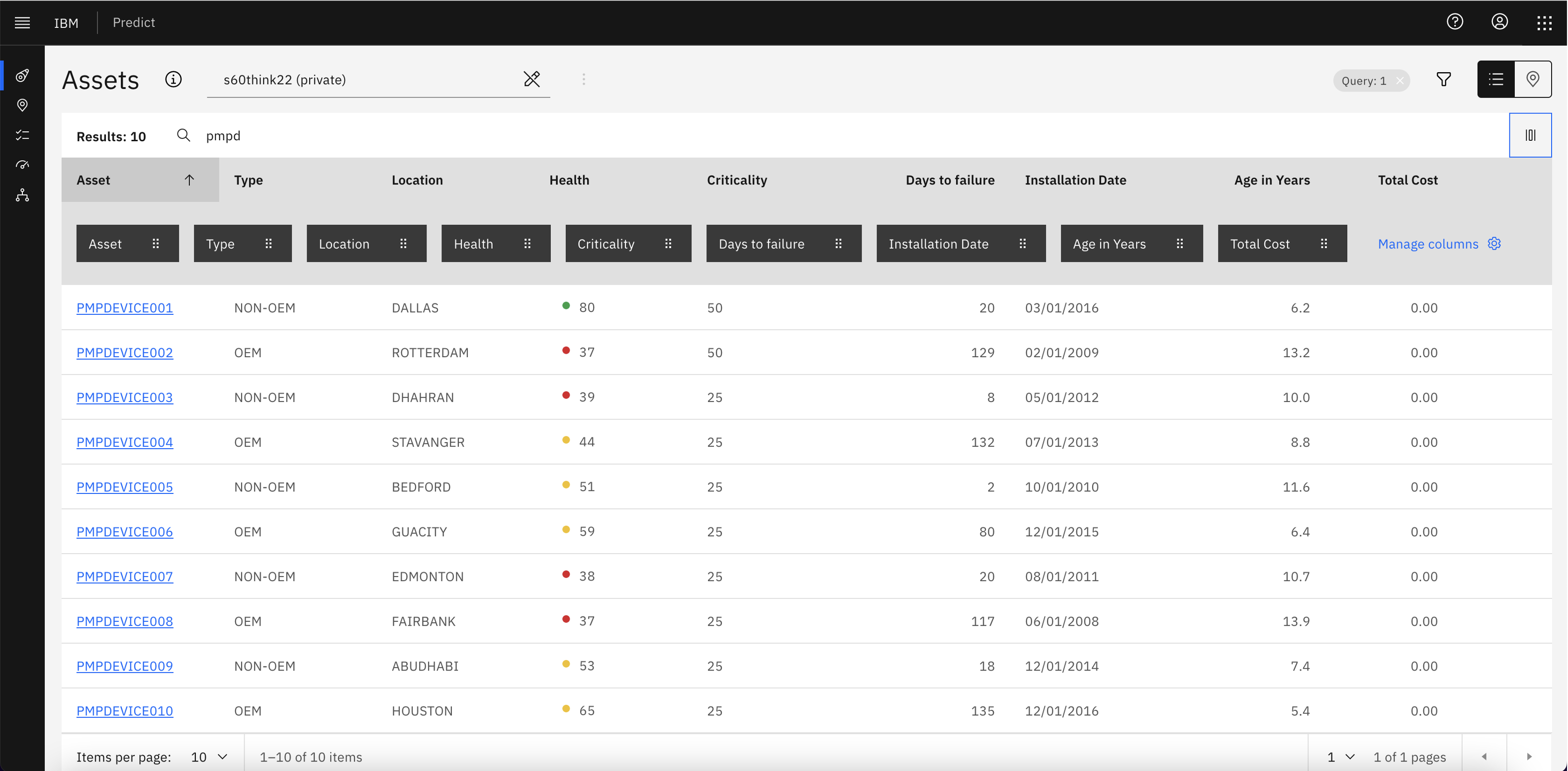 Column selection view