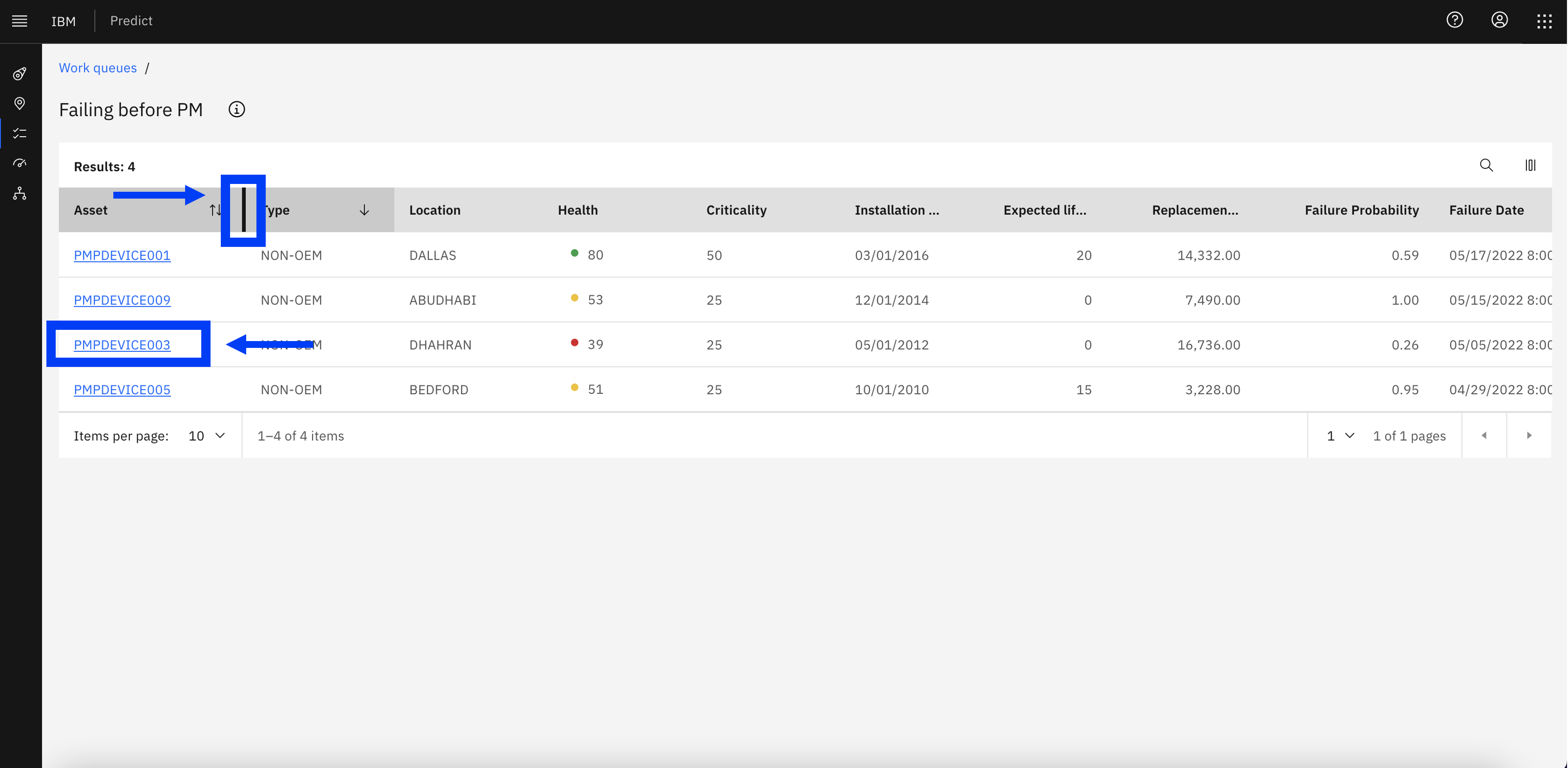 Adjust column width and click on asset