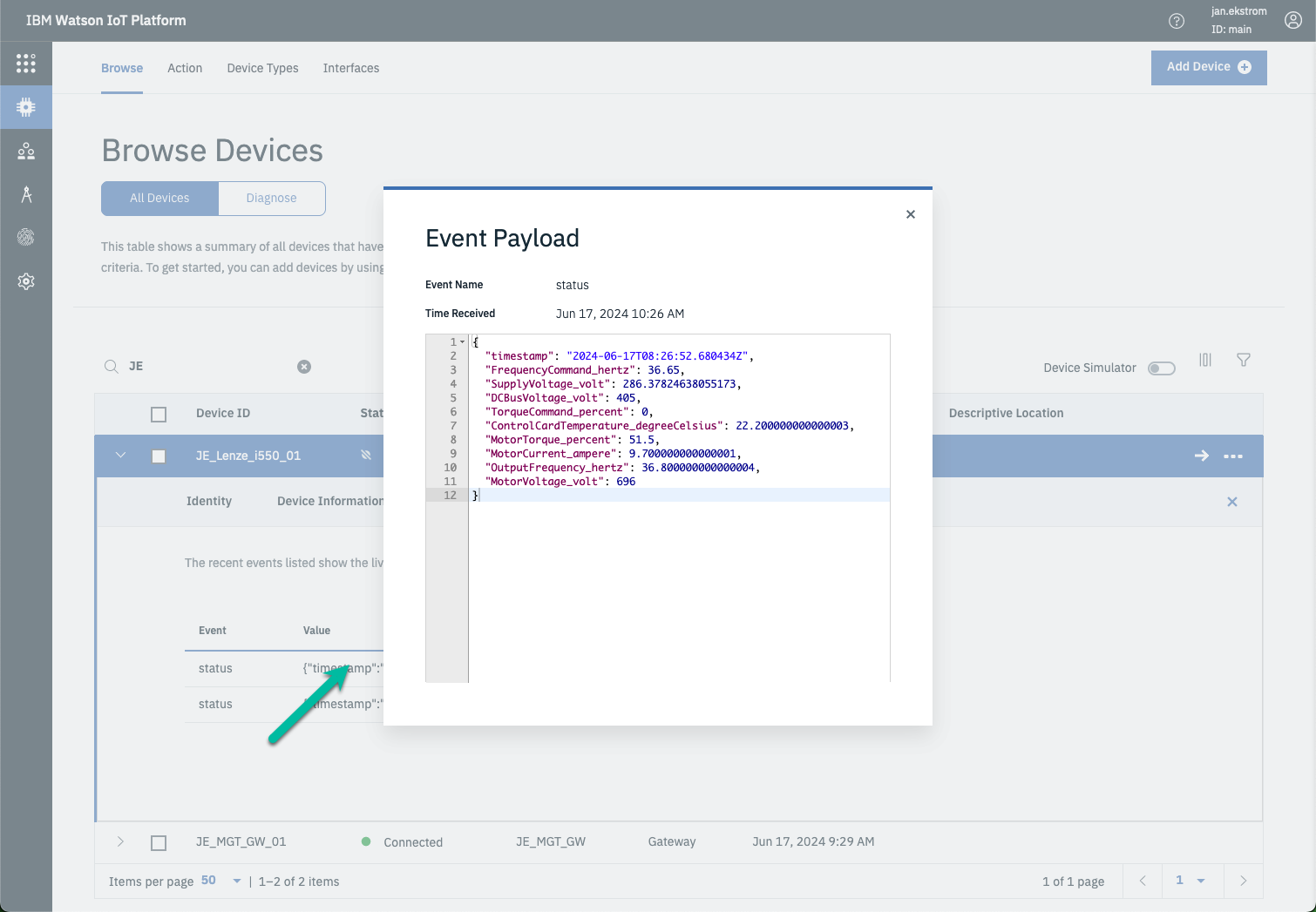 View device payload in Connect