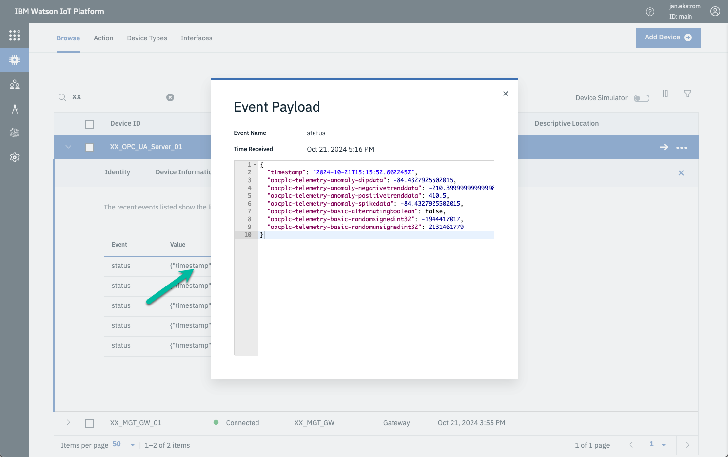 View device payload in Connect