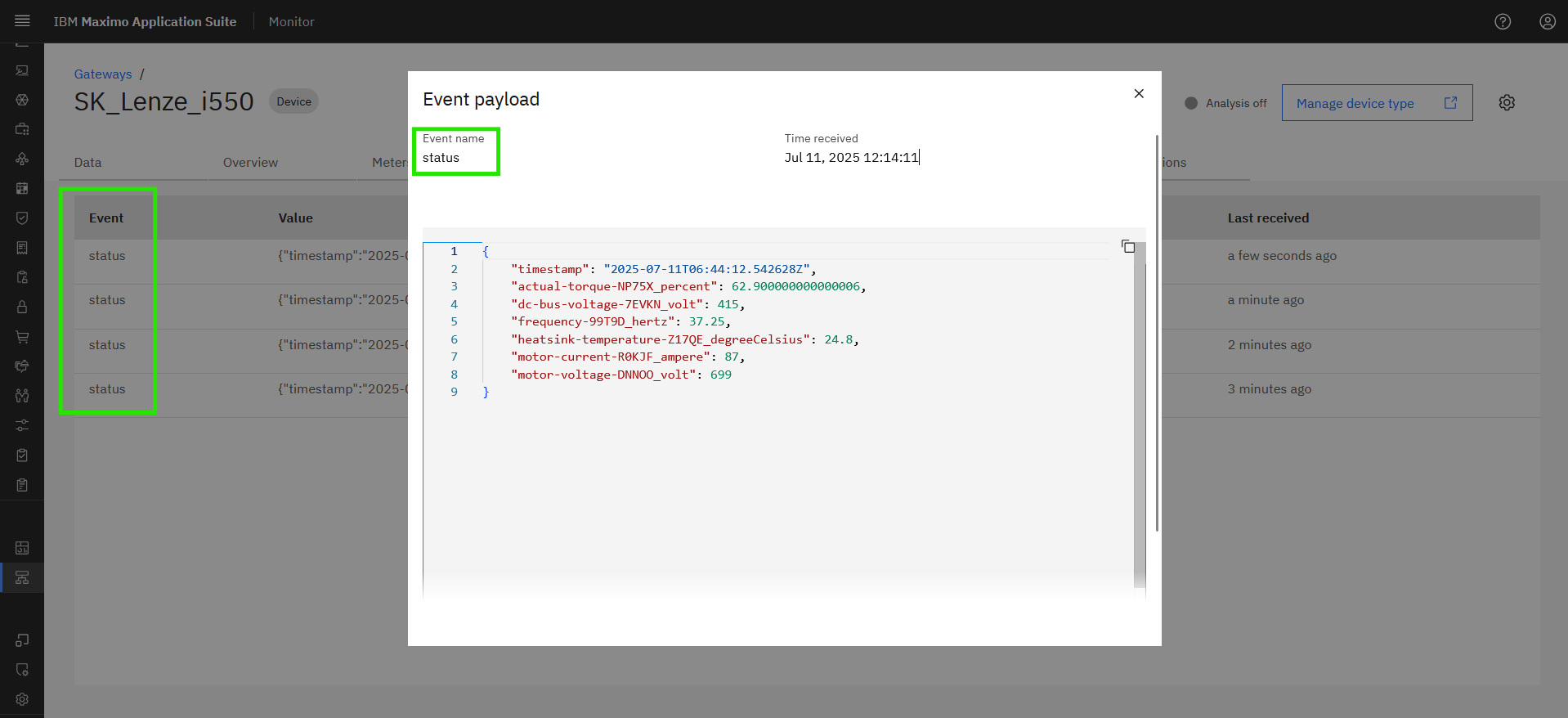 View device payload in Connect