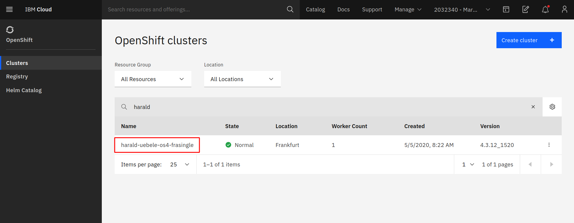 Chose Clusters and click on your OpenShift cluster
