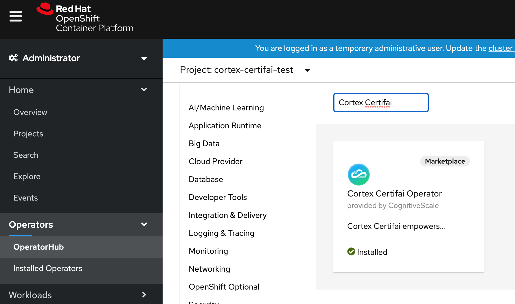 Cerify Cortex Install from OperatorHub