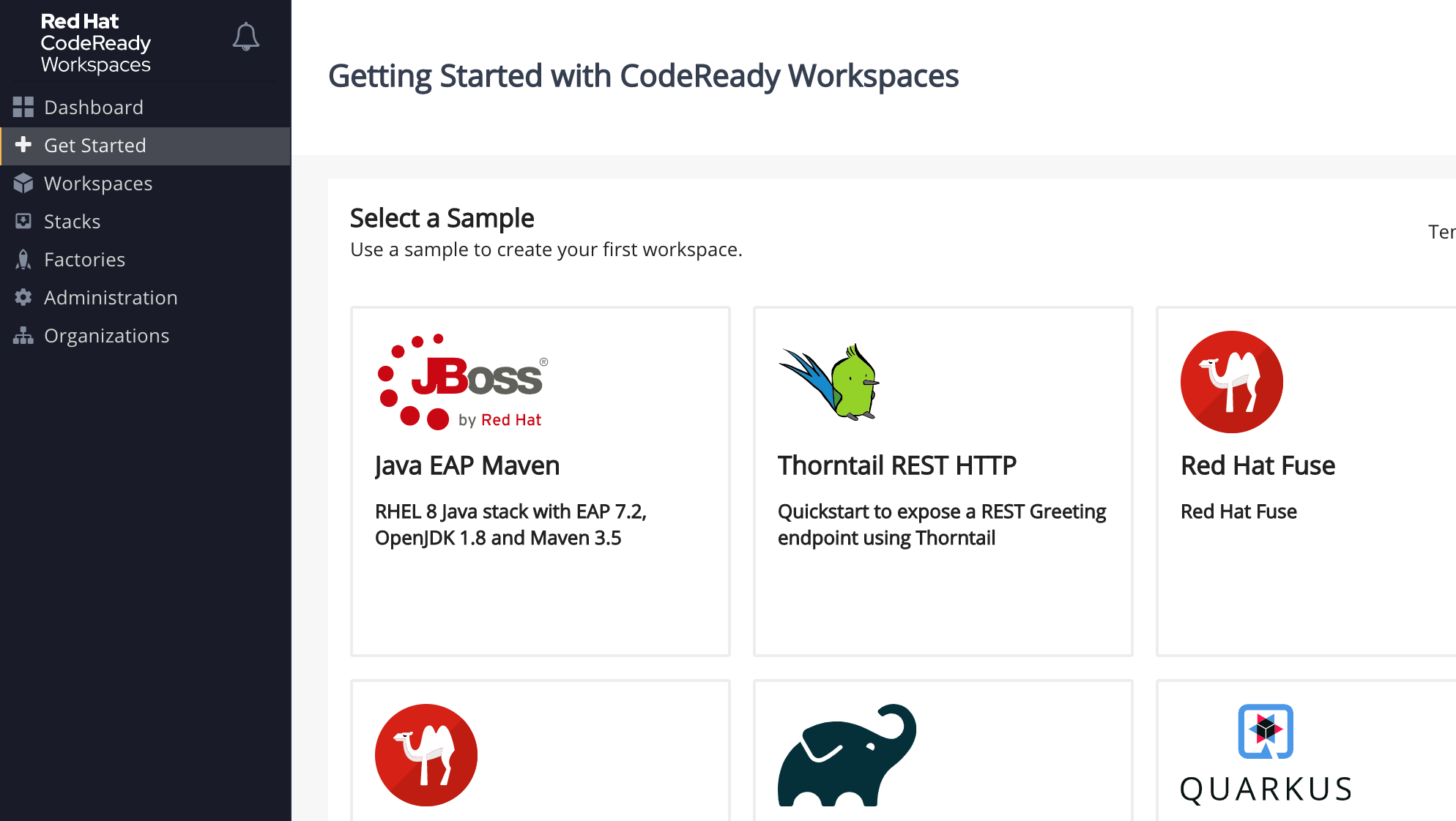 CodeReady Workspace landing page