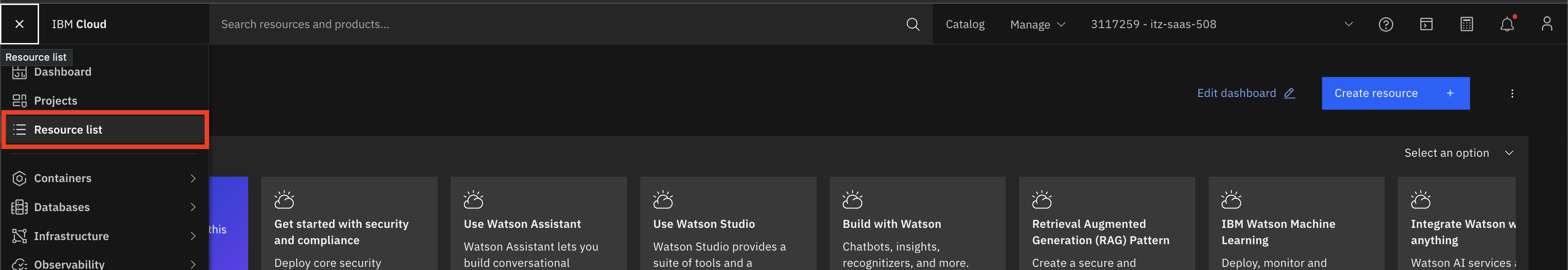 IBM Cloud Resource list navigation