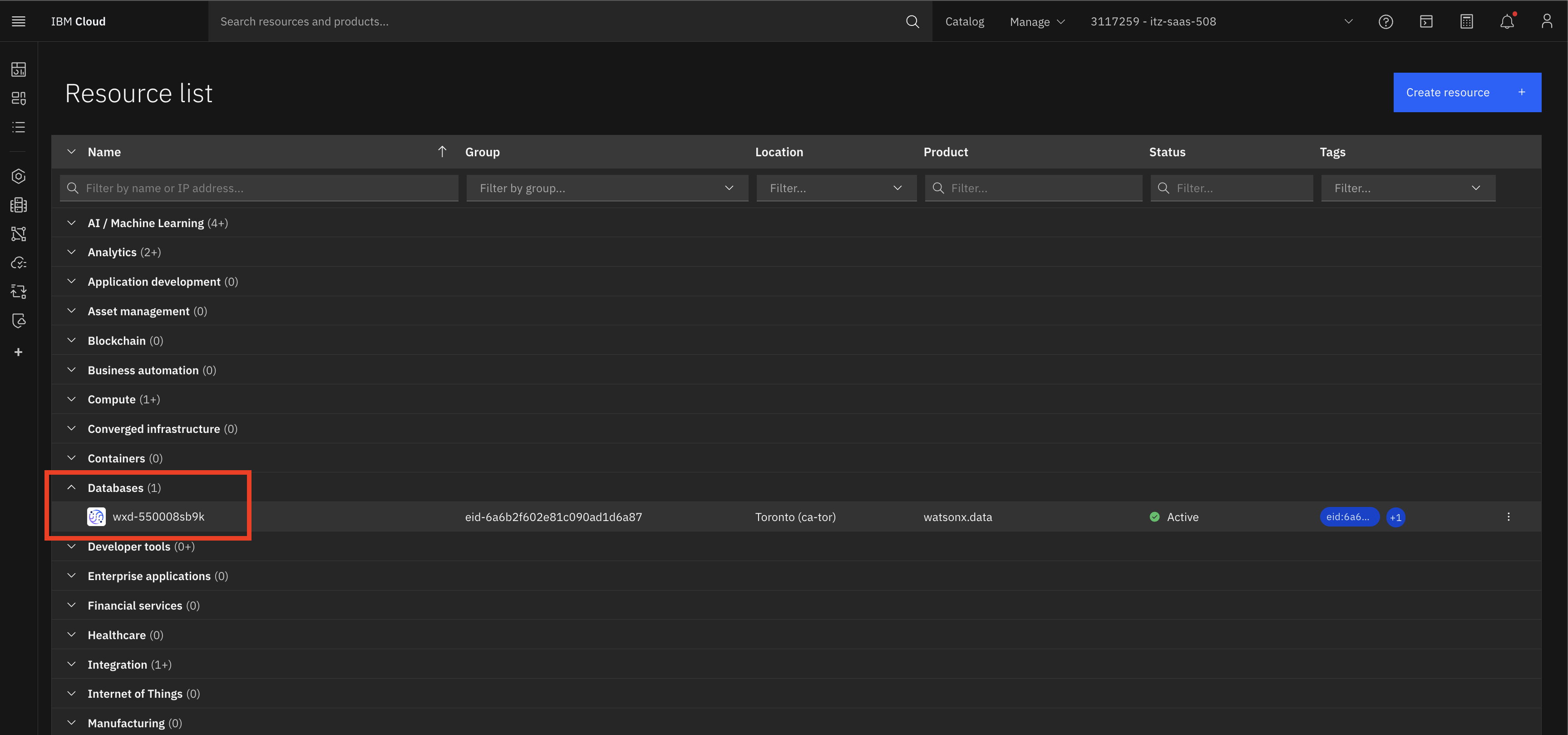 watsonx.data instance in Resource list