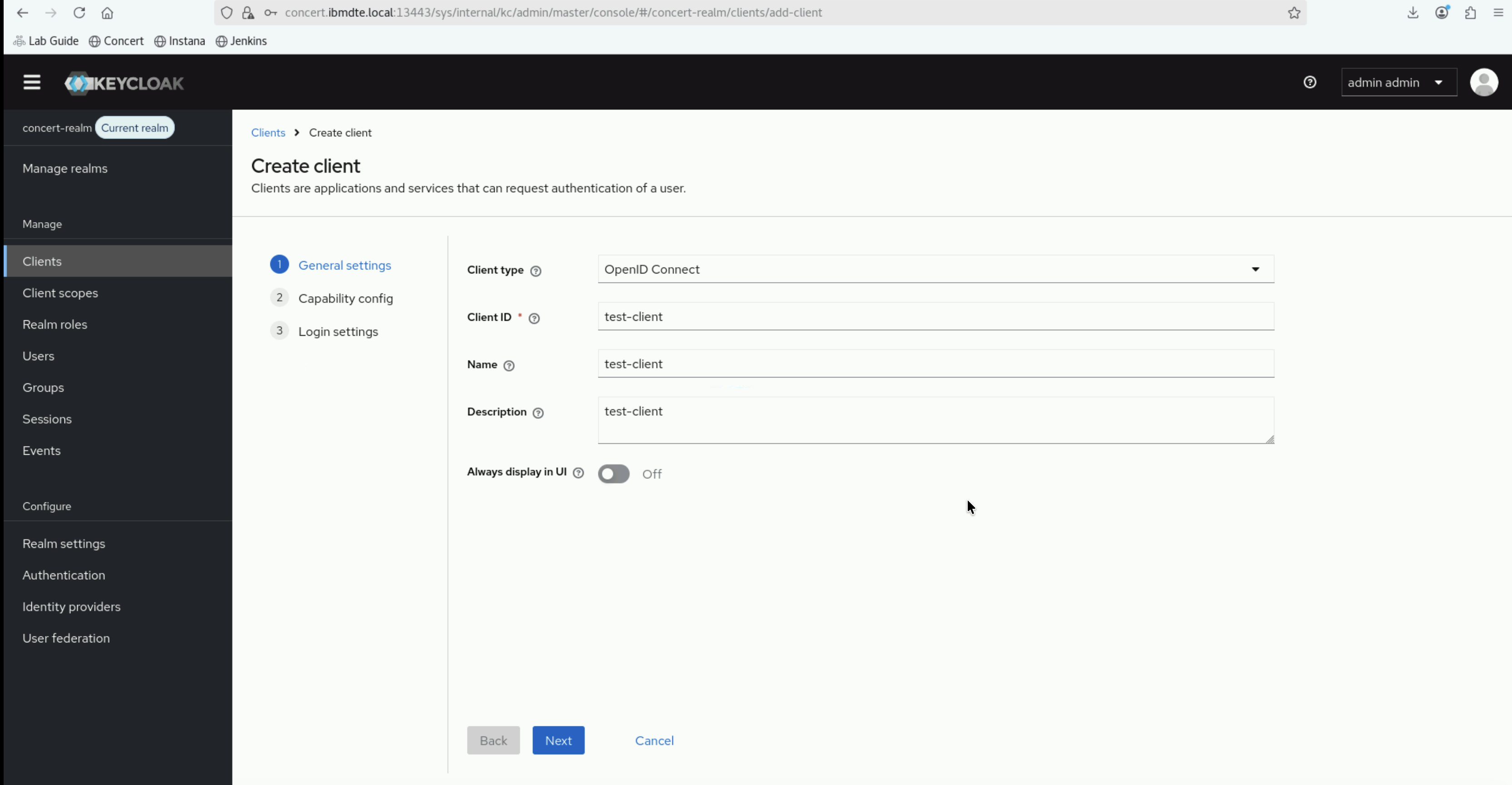 Keycloak Test Client Gen Settings