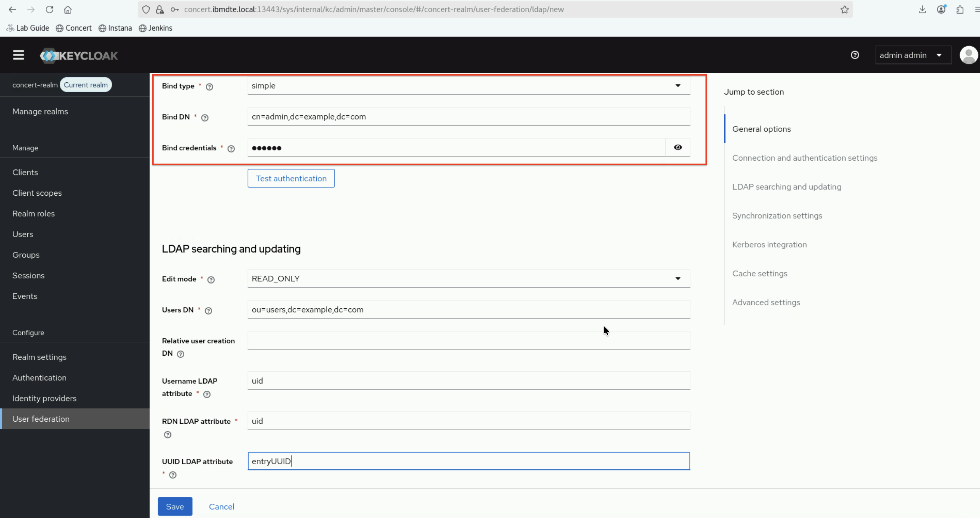 Keycloak User Federation LDAP Bind Settings