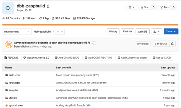 Example of a populated central zAppBuild repository in GitLab&#39;s web UI