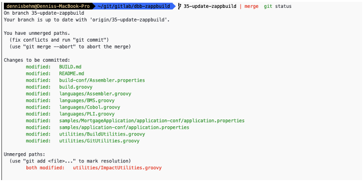 Output of Git status to view files changed during the merge attempt