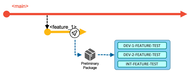 Diagram showing optional feature branch packaging and deployment of a preliminary package