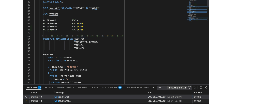 Cobol unused variable problem view