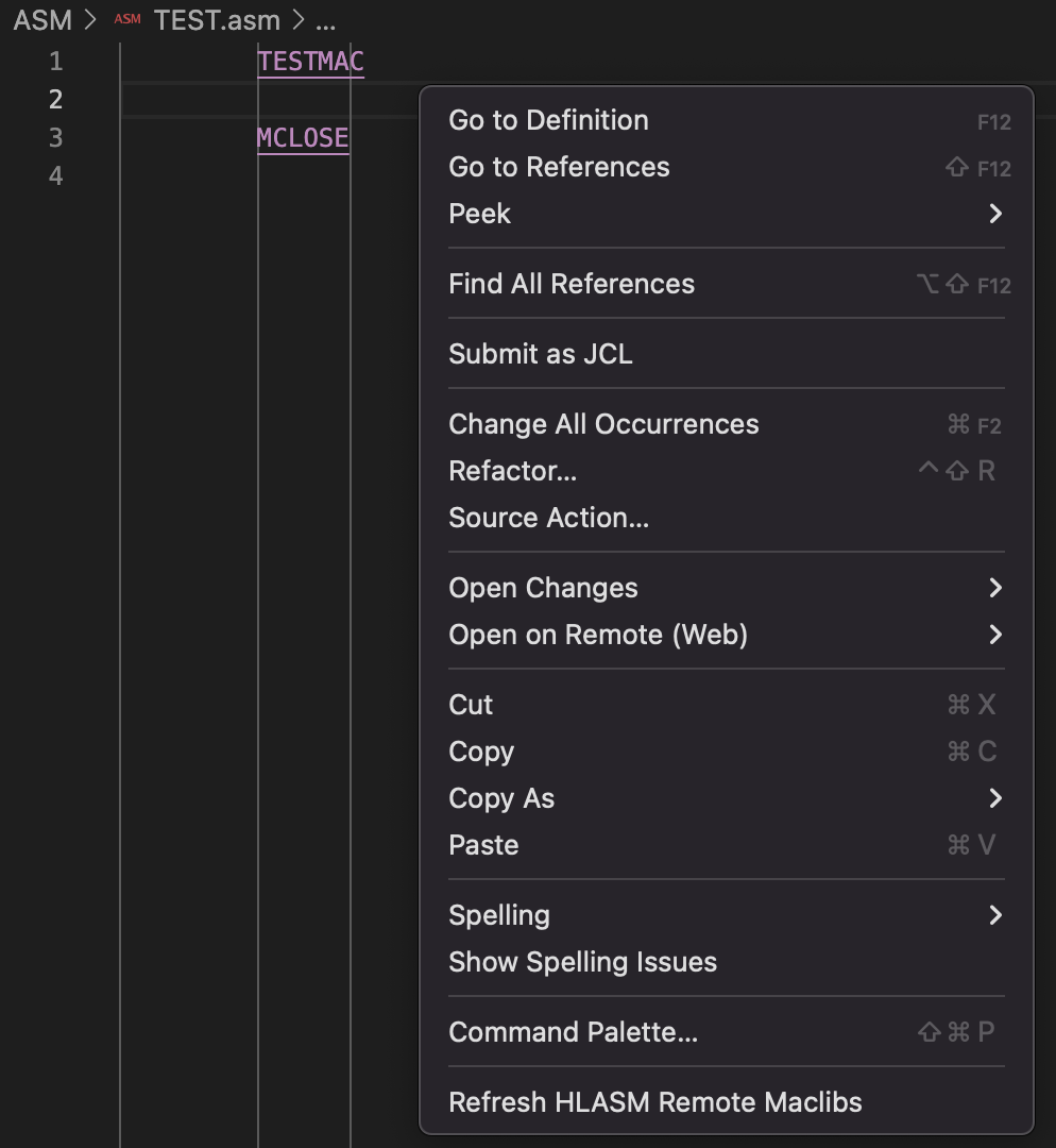 HLASM Context Menu