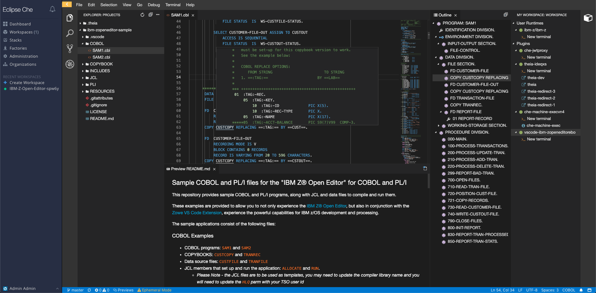 Screen capture for IBM Z Open Editor in Eclipse Che