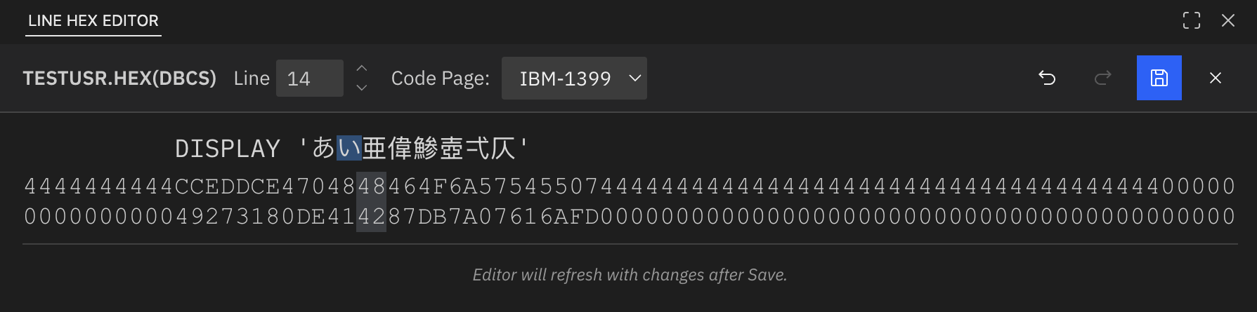 The Line Hex Editor opened in the VS Code panel.
