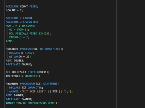 Hovering over a %DO loop or a statement-invoked procedure call shows the generated PL/I replacement text